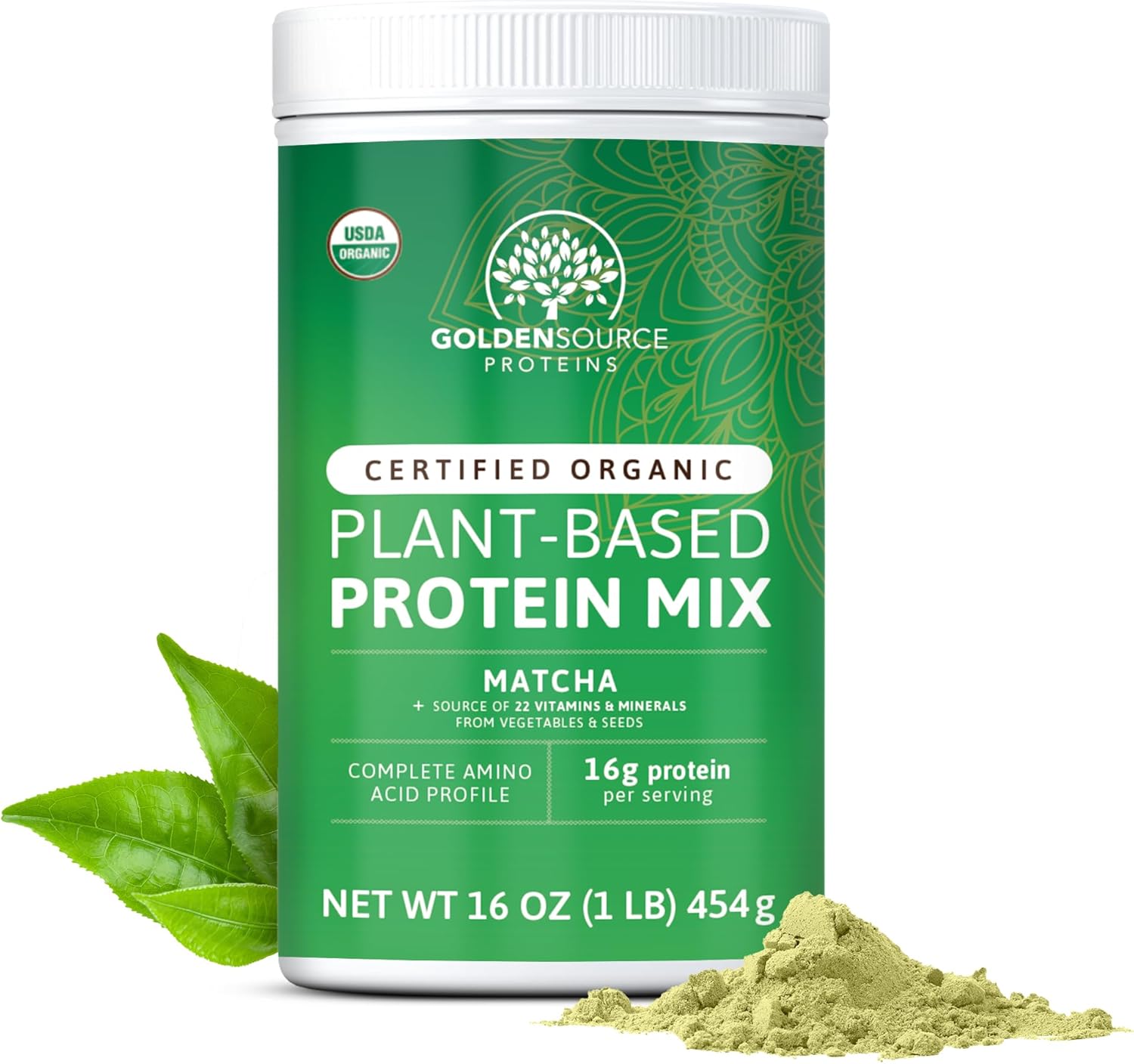 GoldenSource Proteins, proteína orgánica a base de plantas, matcha, 1 libra, 18 porciones, 22 vitaminas y minerales, perfil completo de aminoácidos,