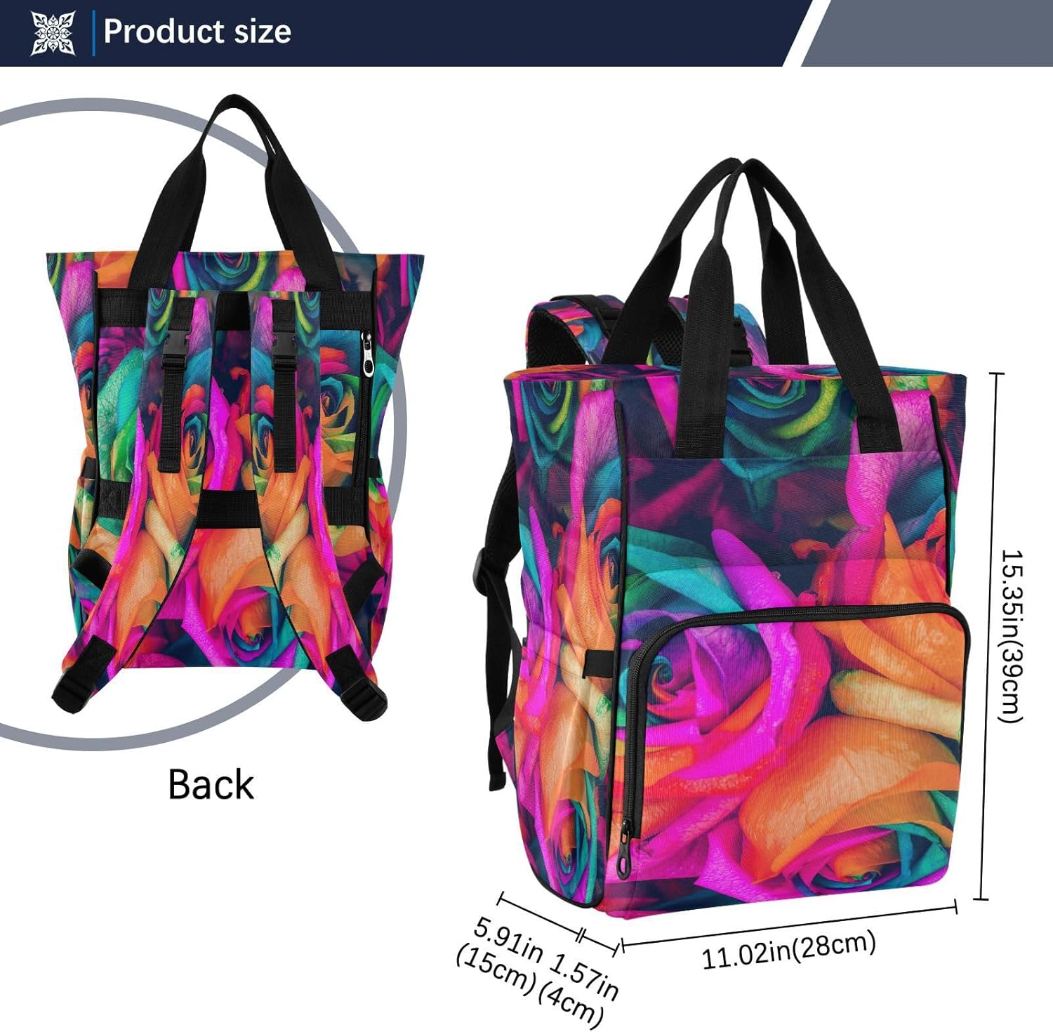 Mochila para pañales con diseño de rosas y flores arcoíris, bolsa de bebé grande, mochila de viaje multifuncional, bolsa de pañales de maternidad