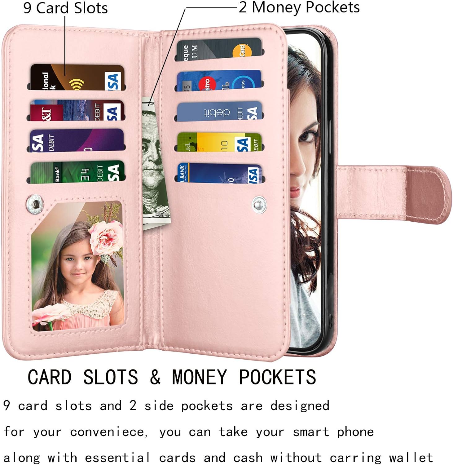 Njjex Funda tipo cartera para iPhone 12 Pro Max de 6.7 pulgadas (2020), 9 ranuras para tarjetas, piel sintética, soporte desmontable, cordón,