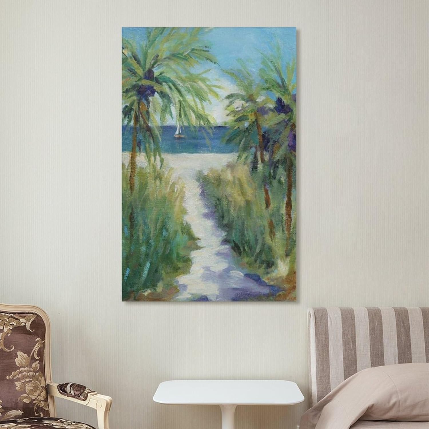 Póster de paisaje de camino a la playa con palmeras, decoración de baño, decoración de bar, pósteres de pared, lienzo, impresiones artísticas para