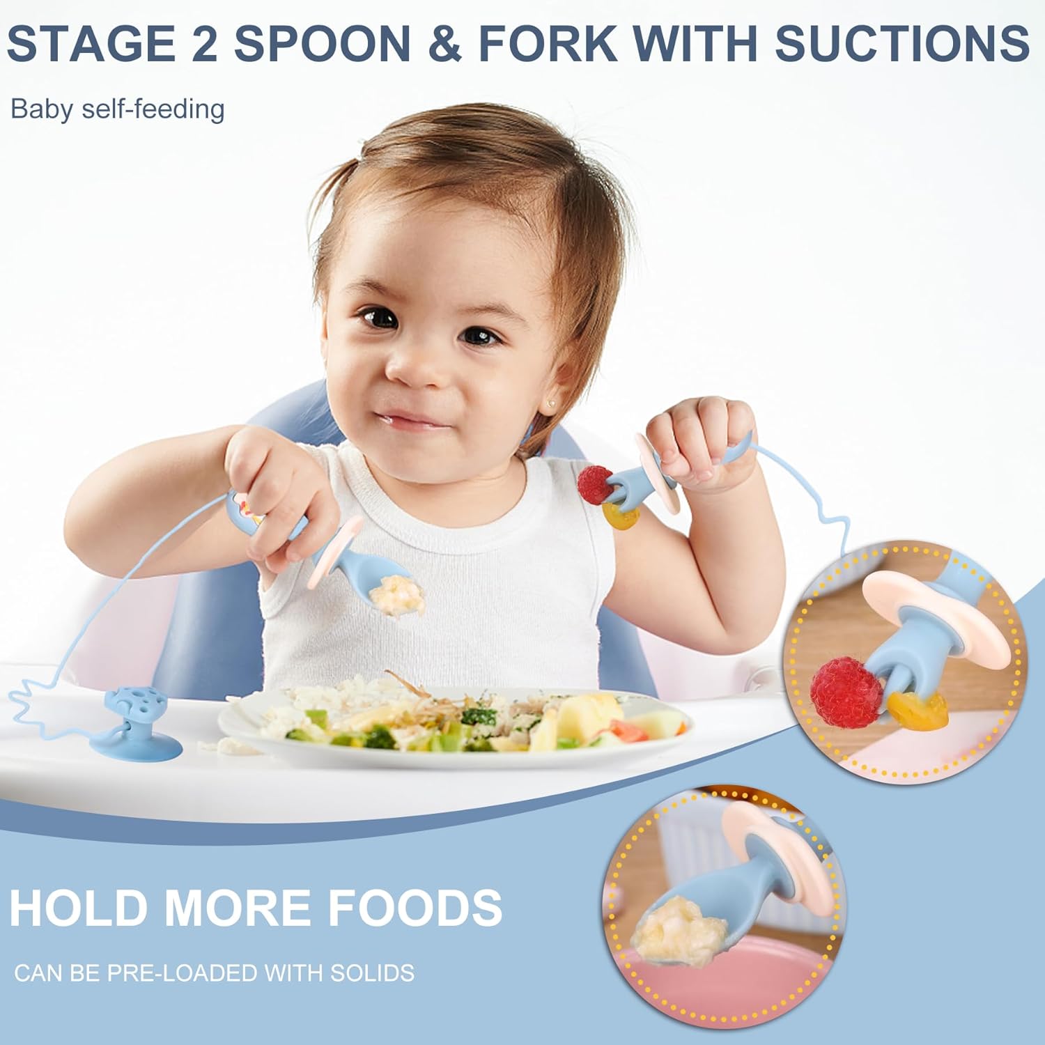 Paquete de 3 utensilios para bebé, cucharas de destete LED para bebés, cuchara y tenedor de silicona con succión, utensilios de autoalimentación