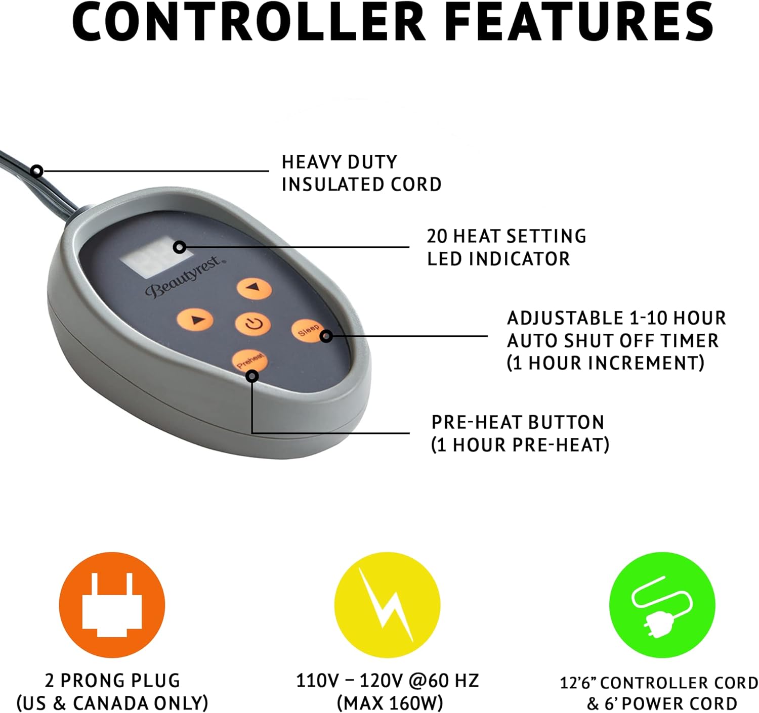 Beautyrest – Manta eléctrica de calentamiento rápido, apagado automático, prácticamente sin campos electromagnéticos, varios ajustes de calor,