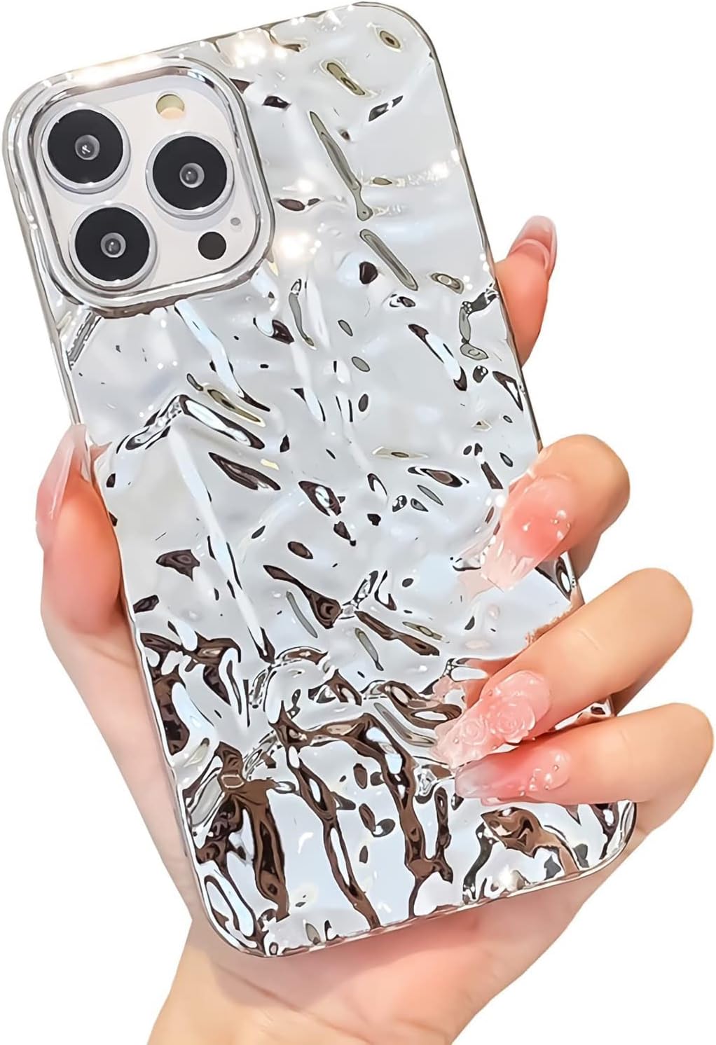Funda compatible con iPhone 15 Pro Max, diseño de lujo, diseño de lámina, plisada, para mujer, de silicona brillante, con purpurina, funda