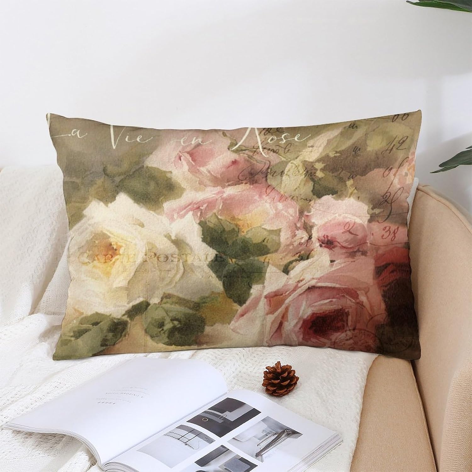 Wreioau Funda de almohada decorativa con diseño de rosas Shabby Chic para decoración del hogar, para sala de estar, sofá, coche, acogedora funda de