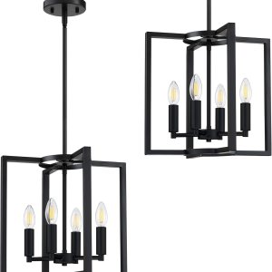 Paquete de 2 lámparas rústicas de 4 lámparas colgantes para isla de cocina y granja, con marco de metal con acabado negro para entrada, comedor, Paquete de 2 lámparas rústicas de 4 lámparas colgantes para isla de cocina y granja, con marco de metal con acabado negro para entrada, comedor,
