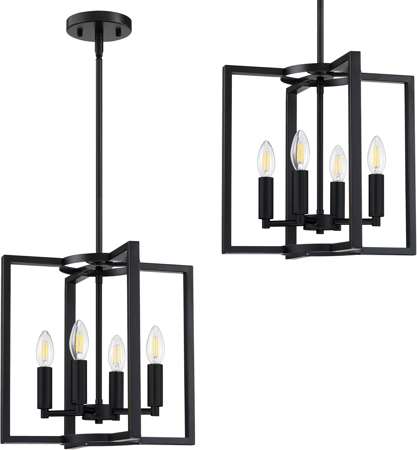 Paquete de 2 lámparas rústicas de 4 lámparas colgantes para isla de cocina y granja, con marco de metal con acabado negro para entrada, comedor,