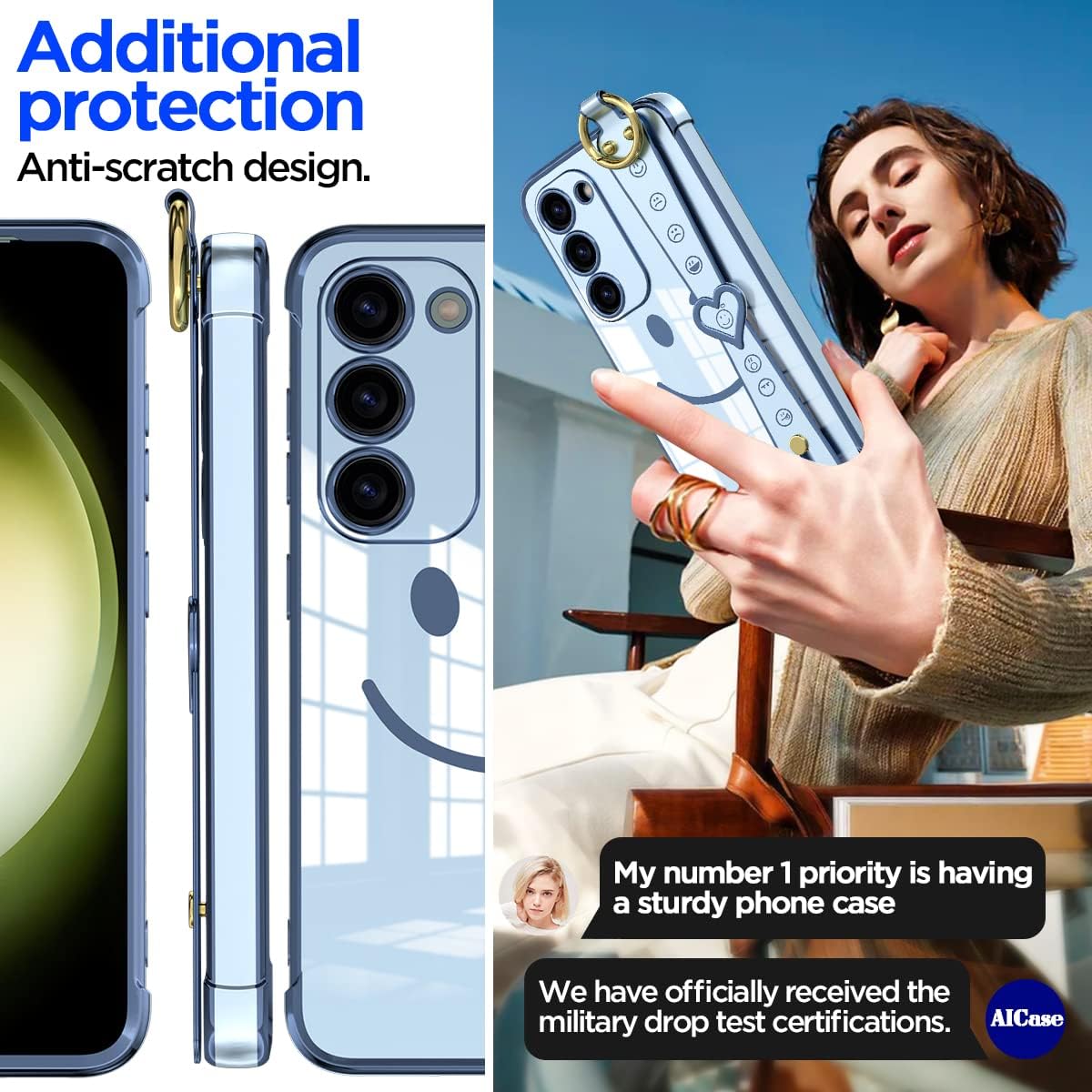 AICase Funda para Samsung Galaxy S23 con protección completa de lente de cámara + correa, cara sonriente chapada con purpurina brillante protección