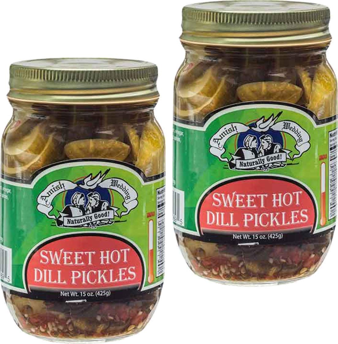 Amish Wedding Foods Spicy Pickle Chips, tu elección de 4 variedades, dos tarros de 15 onzas (eneldo dulce y caliente)
