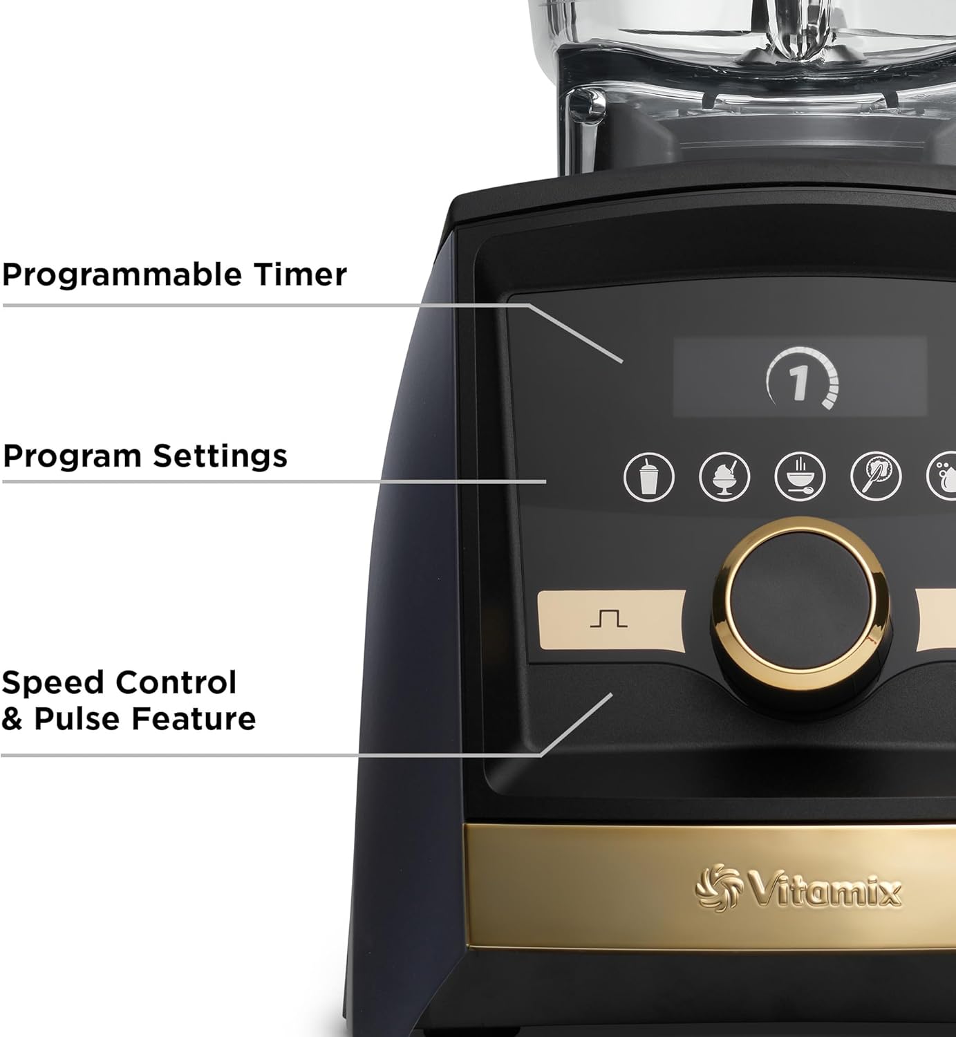 Vitamix A3500 Ascent Series Gold Label Smart Blender, grado profesional, contenedor de bajo perfil, 64 onzas, azul marino mate con detalles dorados