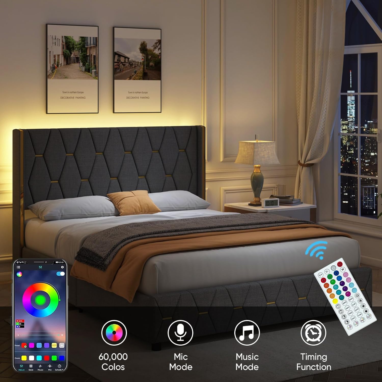 Base de cama de tamaño matrimonial con 4 cajones de almacenamiento y cabecera con respaldo de ala, marco de cama tapizado con luces LED, no necesita