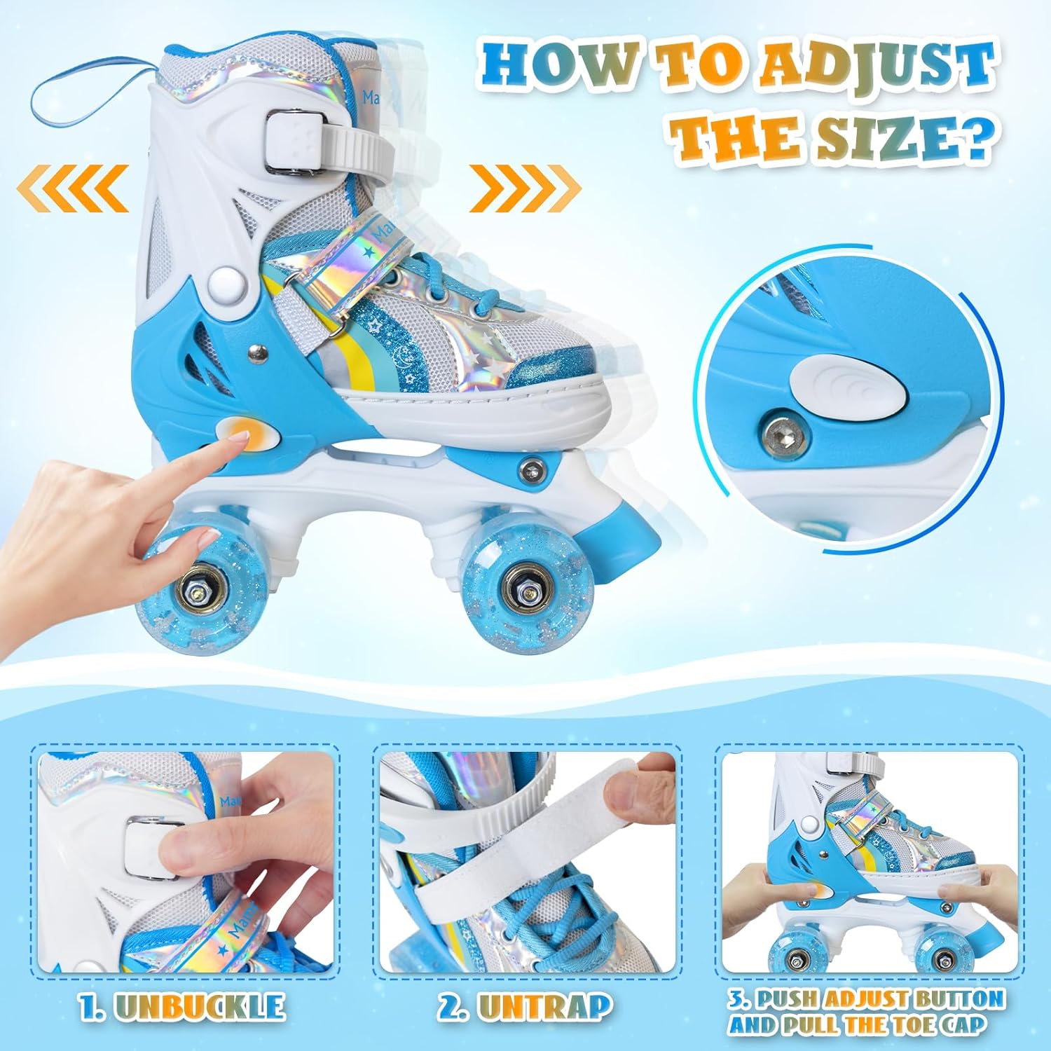 MammyGol Patines de ruedas para niñas y niños, 4 tamaños ajustables de arco iris, patines cuádruples con todas las ruedas iluminadas para niños
