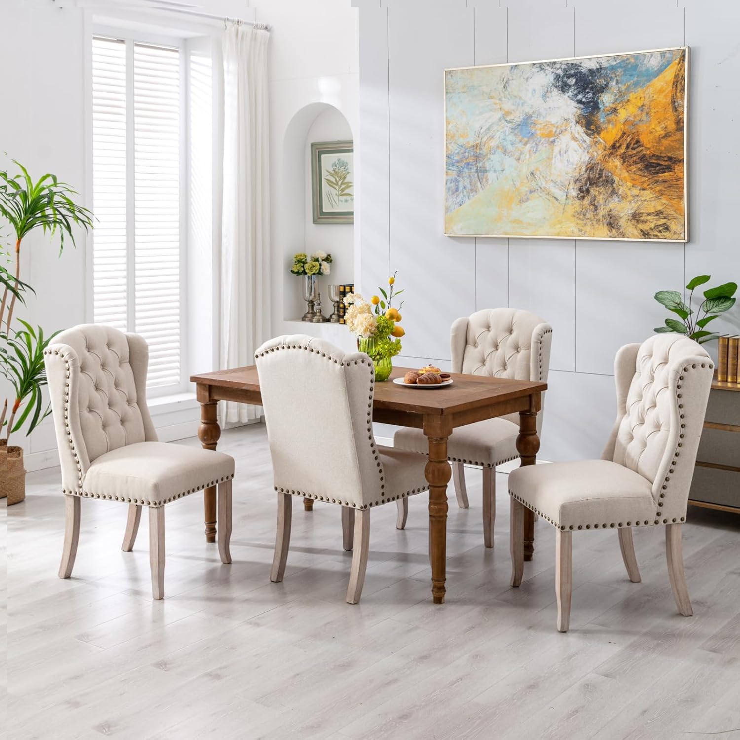HEAH-YO Juego de 2 sillas de comedor modernas, sillas de cocina tapizadas con patas de madera y clavos de cobre, sillas copetudas sin brazos para