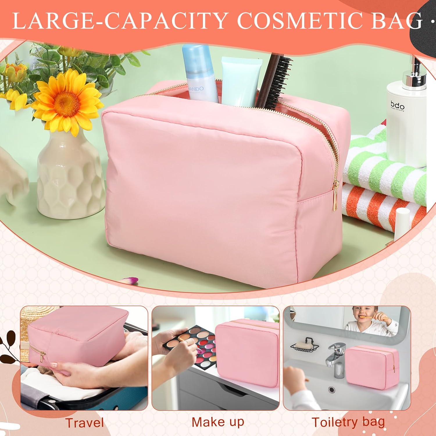6 bolsas de cosméticos extra grandes de nailon con cremallera para lápices, artículos de tocador, bolsa de viaje, bolsa de viaje para mujer, Rosado