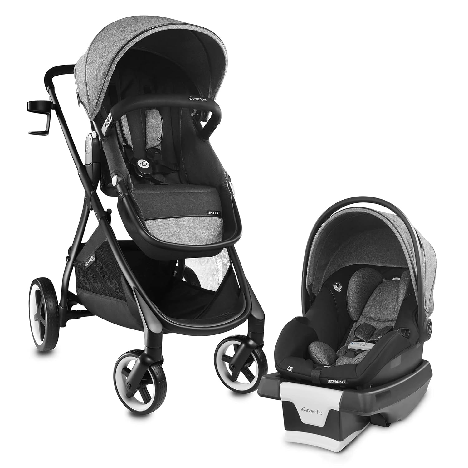 Evenflo Gold Shyft Travel Smart – Cochecito infantil con asiento de automóvil SecureMax con cesta de almacenamiento profunda y sensor seguro, gris