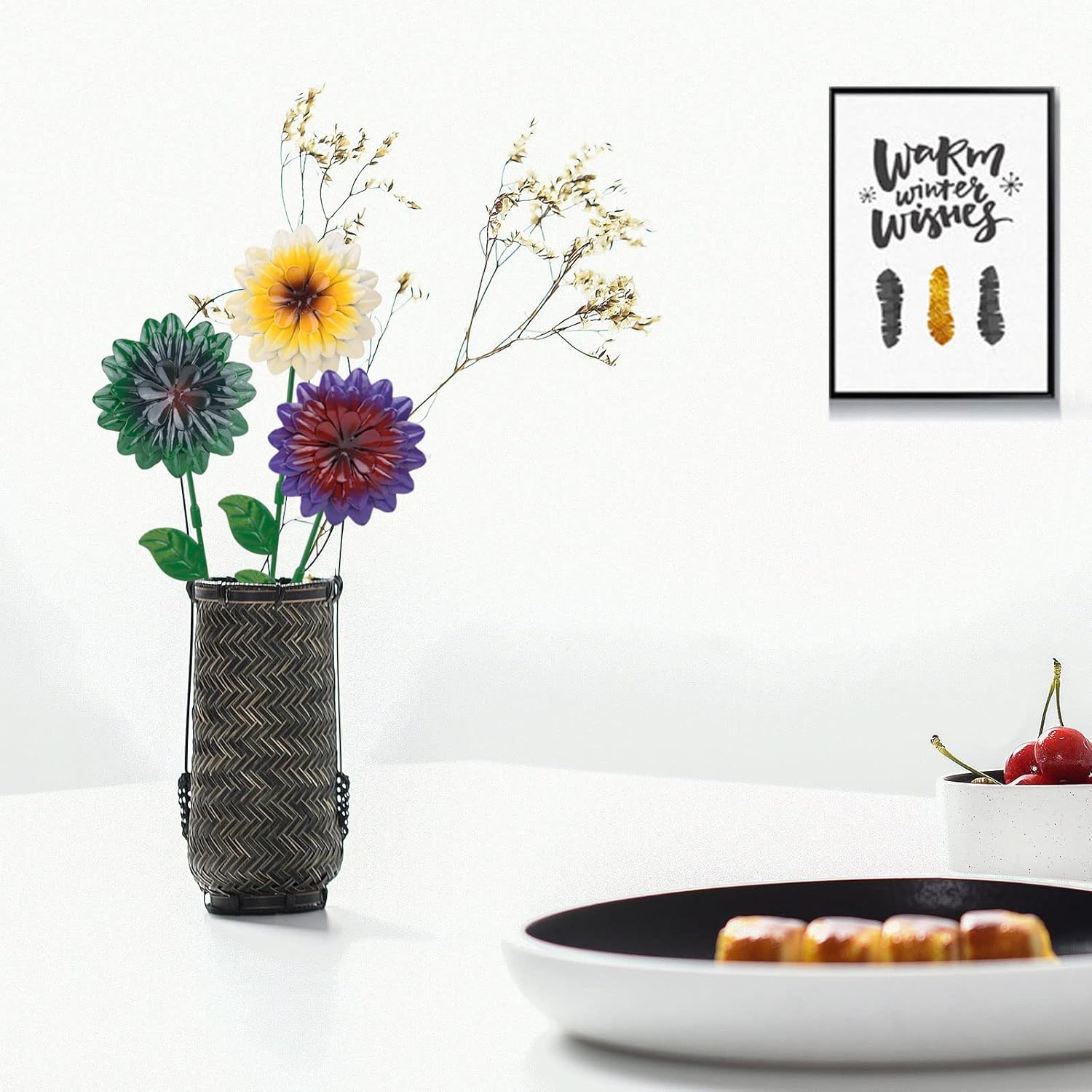 7 estacas de metal para jardín, flores de primavera de metal de 15 pulgadas, decoración al aire libre, decoración artística de patio, plantas de