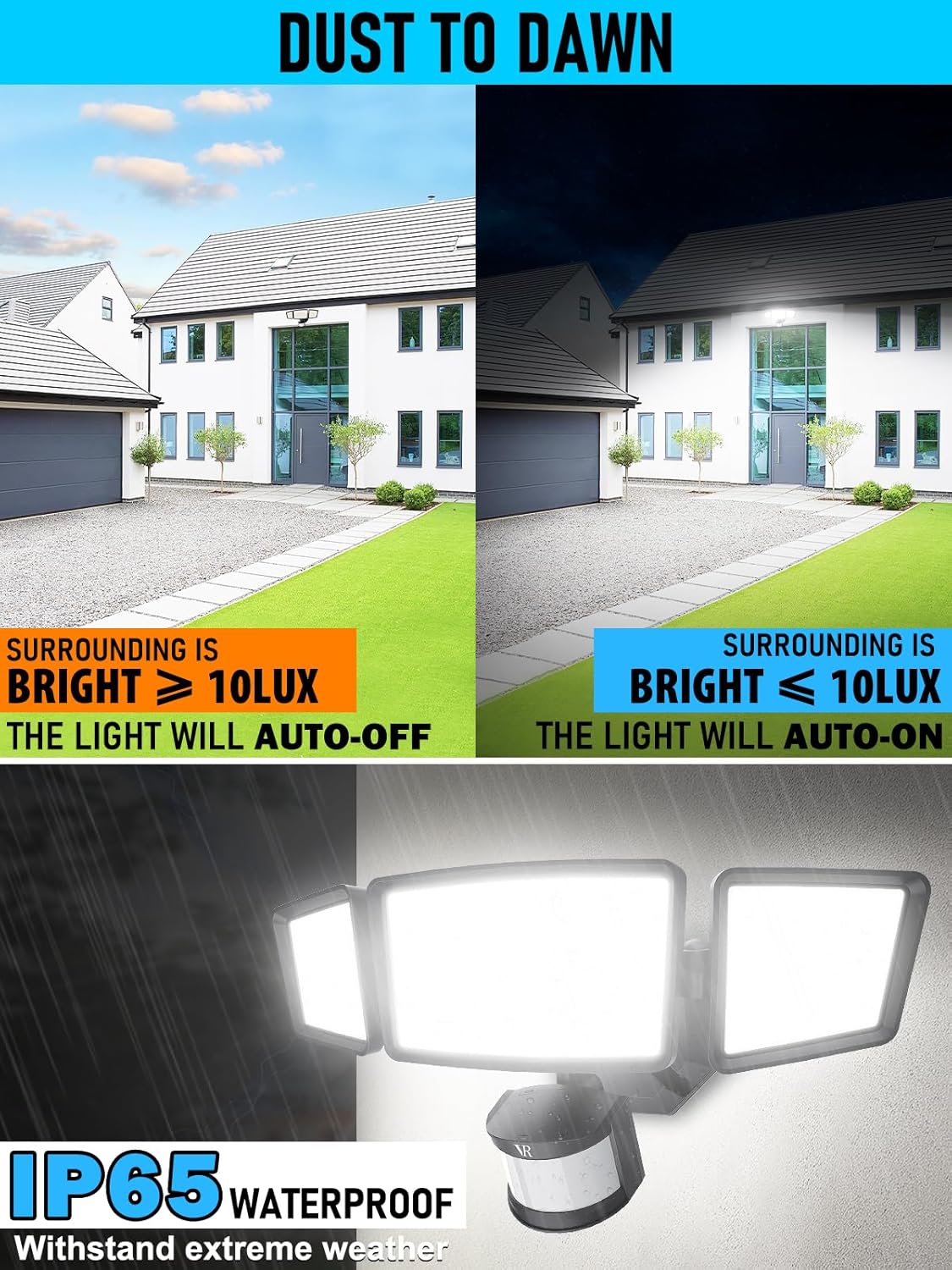 Luces para exteriores con sensor de movimiento, 48 W, 5000 lúmenes, 6500 K, 4 modos de iluminación, detección de movimiento de 180, impermeable