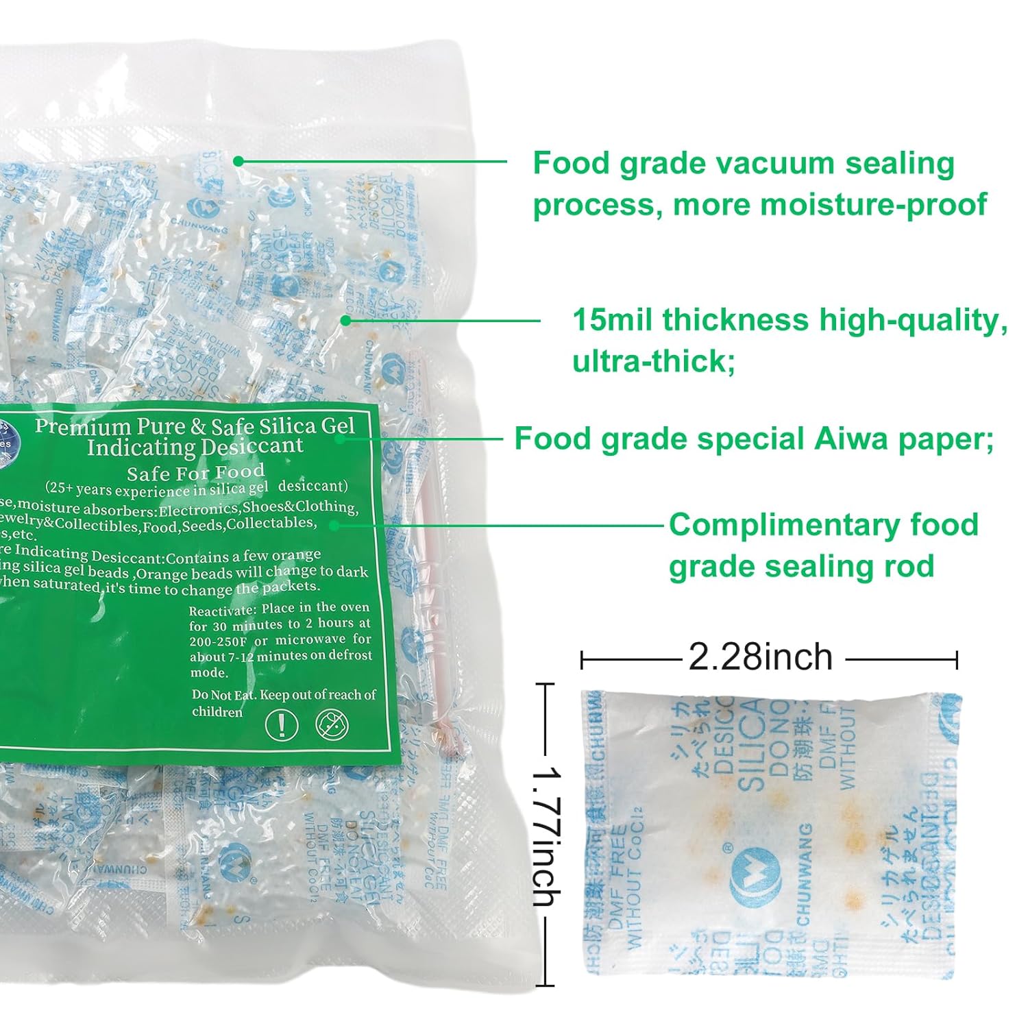 Paquetes de 0.18 oz 100 paquetes de gel de sílice de grado alimenticio para almacenamiento de grado alimenticio con cuentas indicadoras, absorbentes