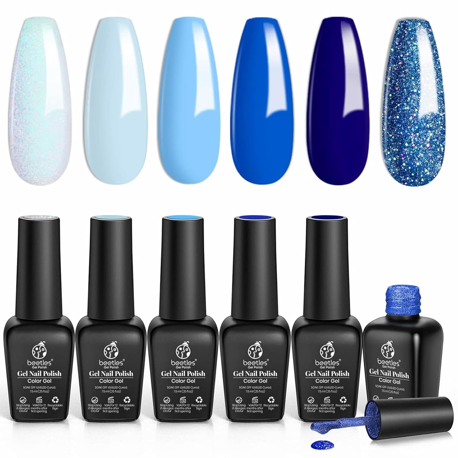 Beetles – Juego de 6 esmaltes de uñas de gel con purpurina azul bebé, colección Aquarius Water Collection Spring Soak Off UV LED Kits de uñas de gel