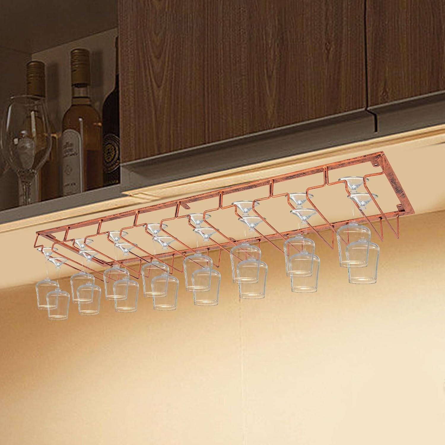Fetcoi Estante para copas de vino, 8 filas debajo del gabinete, soporte para copas de vino, organizador de almacenamiento para copas de vino, para
