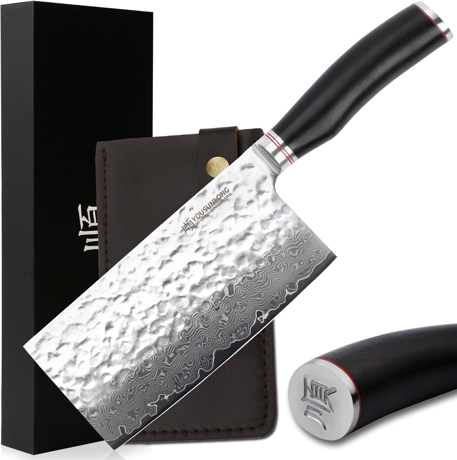 YOUSUNLONG Carne Cleaver – Cuchillo chino para verduras de 7 pulgadas, acero de damasco martillado japonés, mango de madera de plomo natural