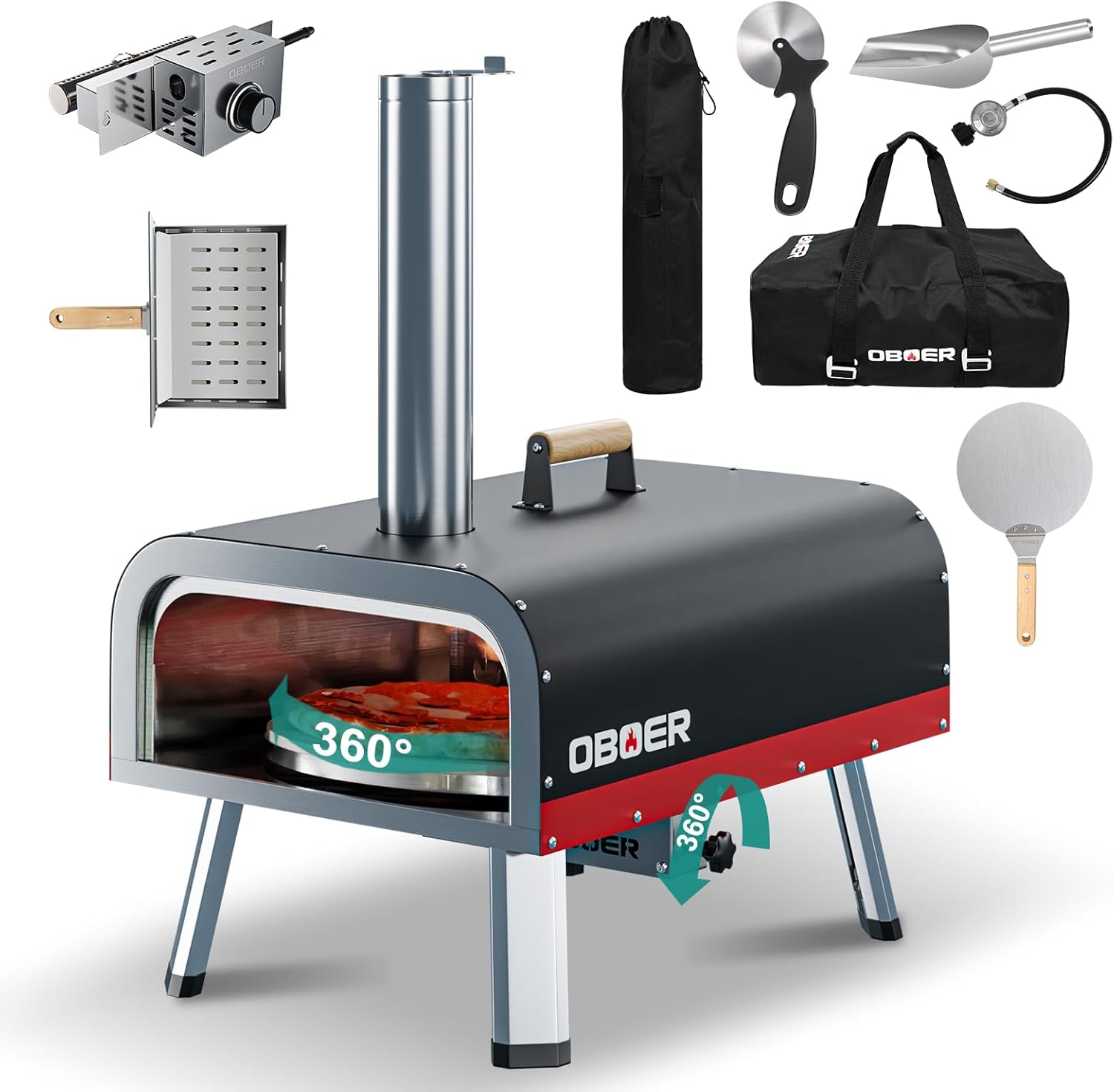 NAIZEA Horno de pizza al aire libre, máquina de pizza multicombustible de 13 pulgadas, hornos de pizza giratorios, horno portátil de madera y gas