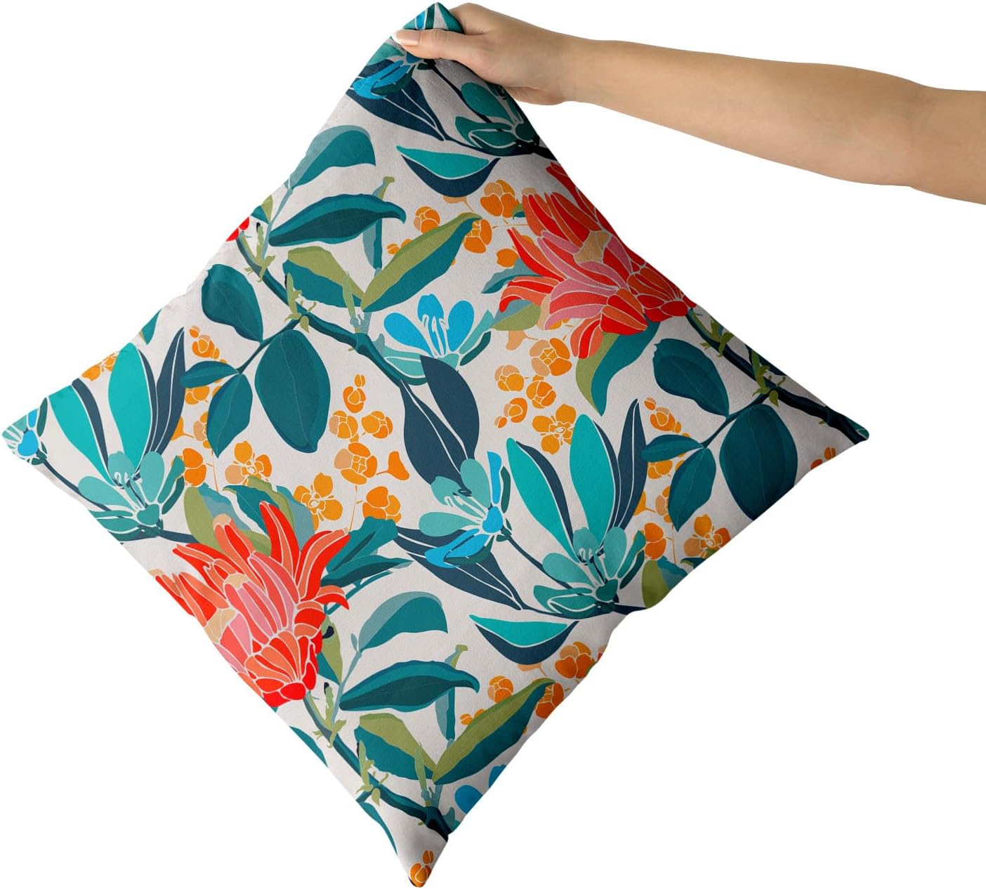 Juego de 2 fundas de almohada de 16 x 16 pulgadas con diseño floral de coral verde turquesa, hojas y flores naranjas, fundas de cojín de algodón