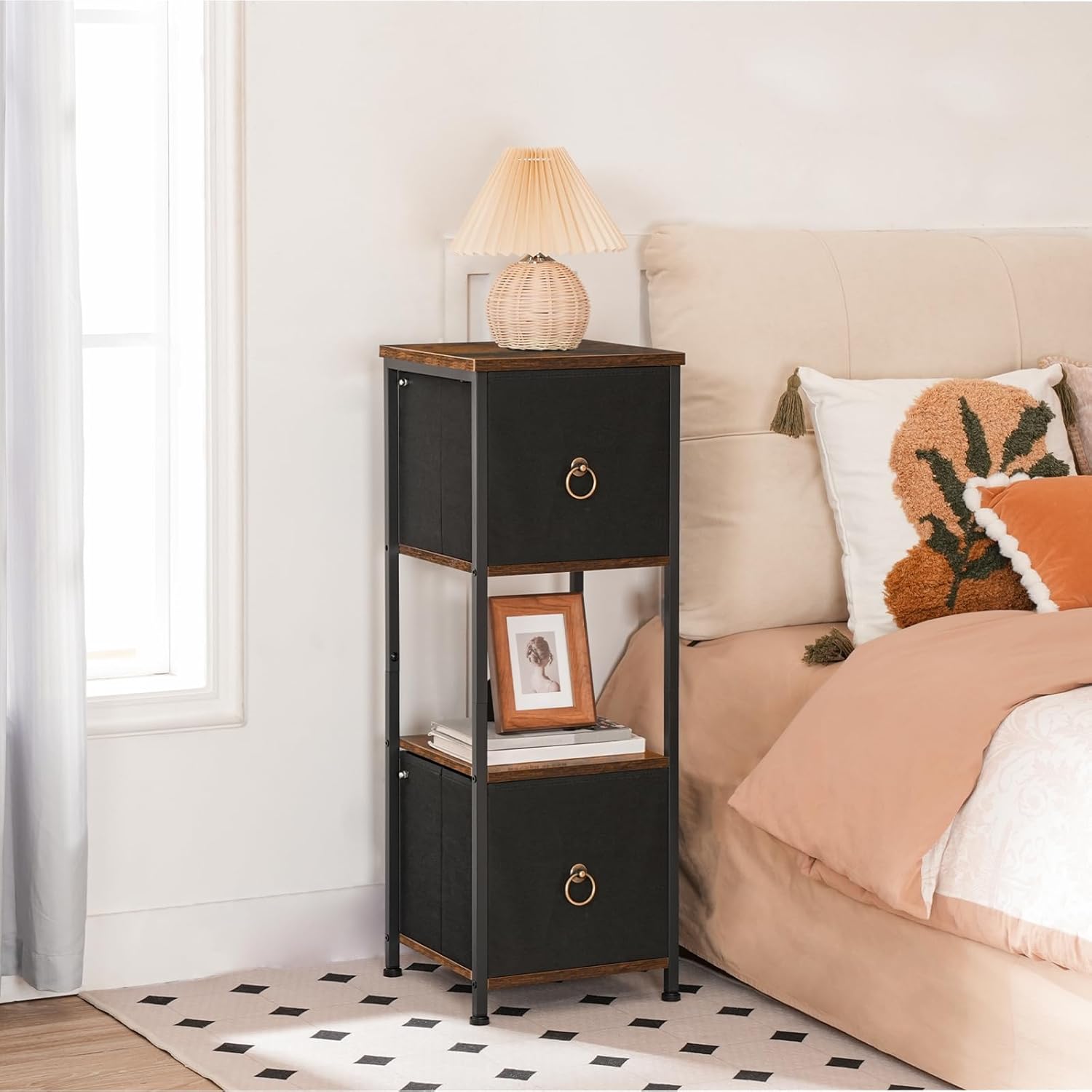 HOOBRO Gabinete esquinero, estante esquinero de 4 niveles con 2 cajones, gabinete de piso de baño, gabinete de almacenamiento estrecho, para baño,