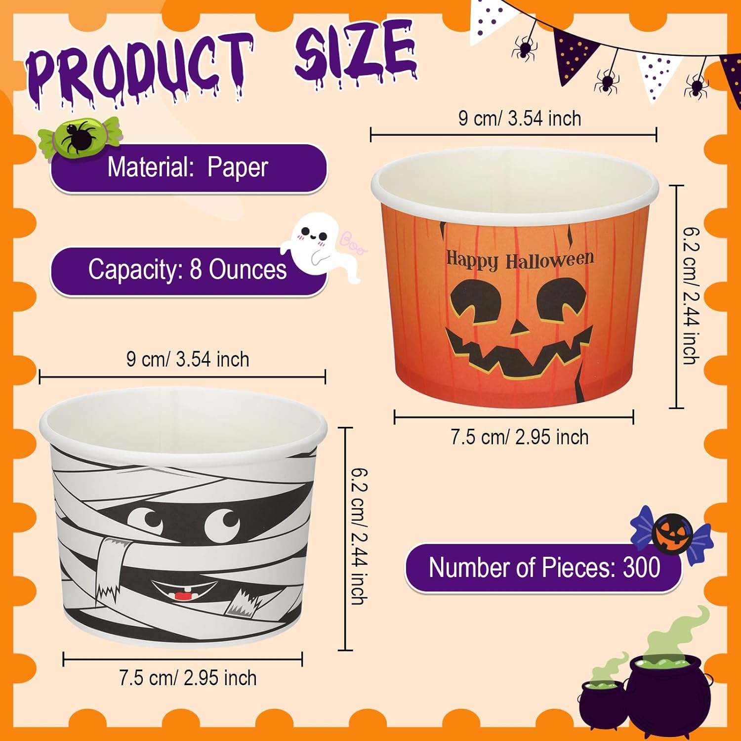 300 tazas desechables de 8 onzas para refrigerios de Halloween, cuencos de postre, tazas de calabaza, vasos de papel de esqueleto, tazas de helado