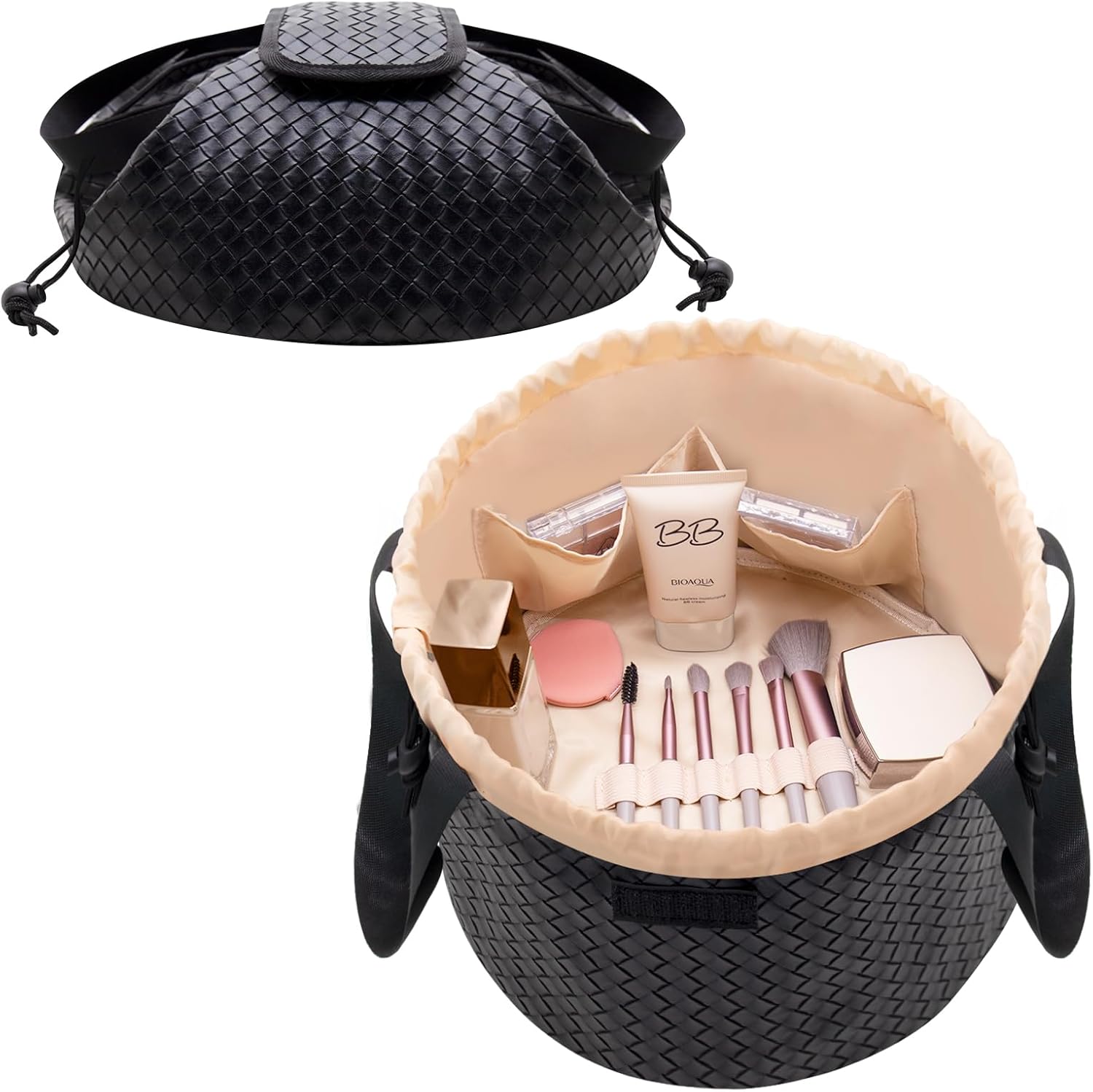 Organizador de maquillaje grande con cordón, bolsa de maquillaje de barril para cosméticos, bolsa de aseo para viajes, bolsas de maquillaje