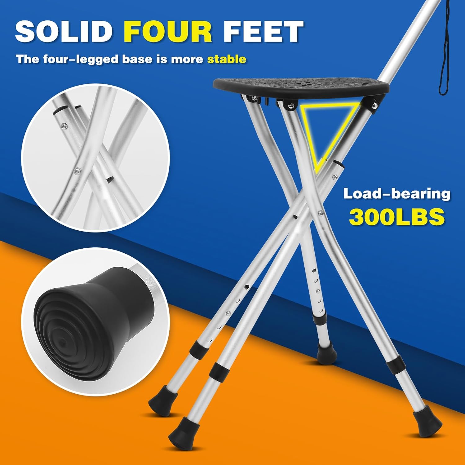 BigAlex Bastón para caminar con asiento, asiento ligero con LED para personas mayores, silla plegable ajustable para mujeres con 4 patas