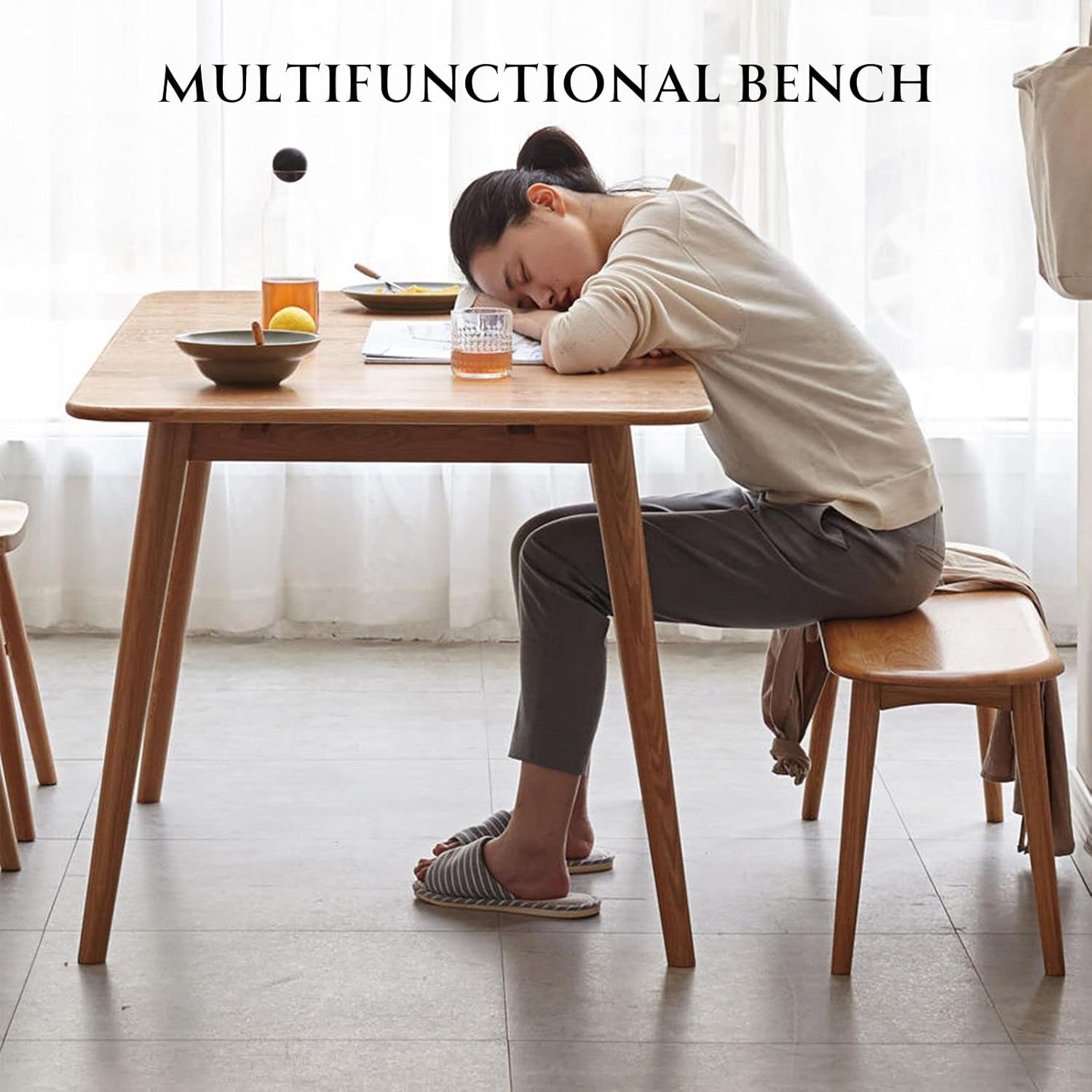 VADISUN – Banco de madera de roble 100 % macizo, diseño de superficie de silla con forma de baguette de esquina redondeada, banco de entrada, banco
