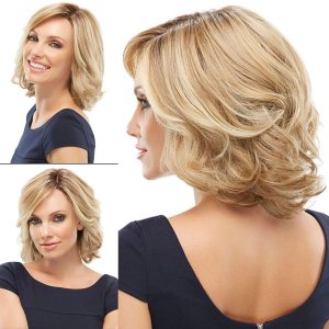 Beimer Peluca corta rubia rizada estilo Bob para mujer, longitud hasta el hombro, peluca ondulada con raíces oscuras en capas, peluca sintética de Beimer Peluca corta rubia rizada estilo Bob para mujer, longitud hasta el hombro, peluca ondulada con raíces oscuras en capas, peluca sintética de