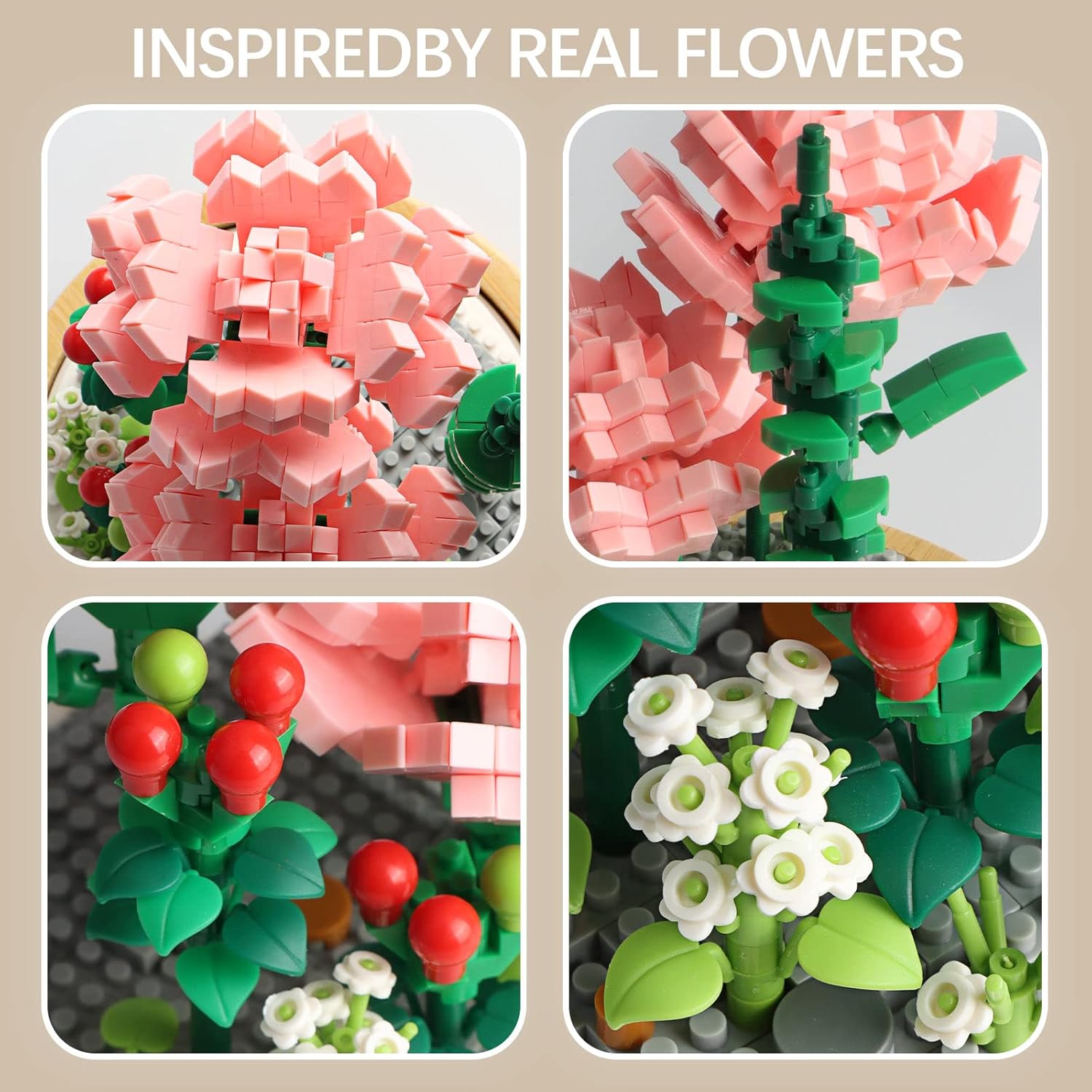 Juegos de construcción de ramos de flores, colección botánica de árbol bonsái de rosas rosadas con vitrina, mini kits de regalo para adultos,