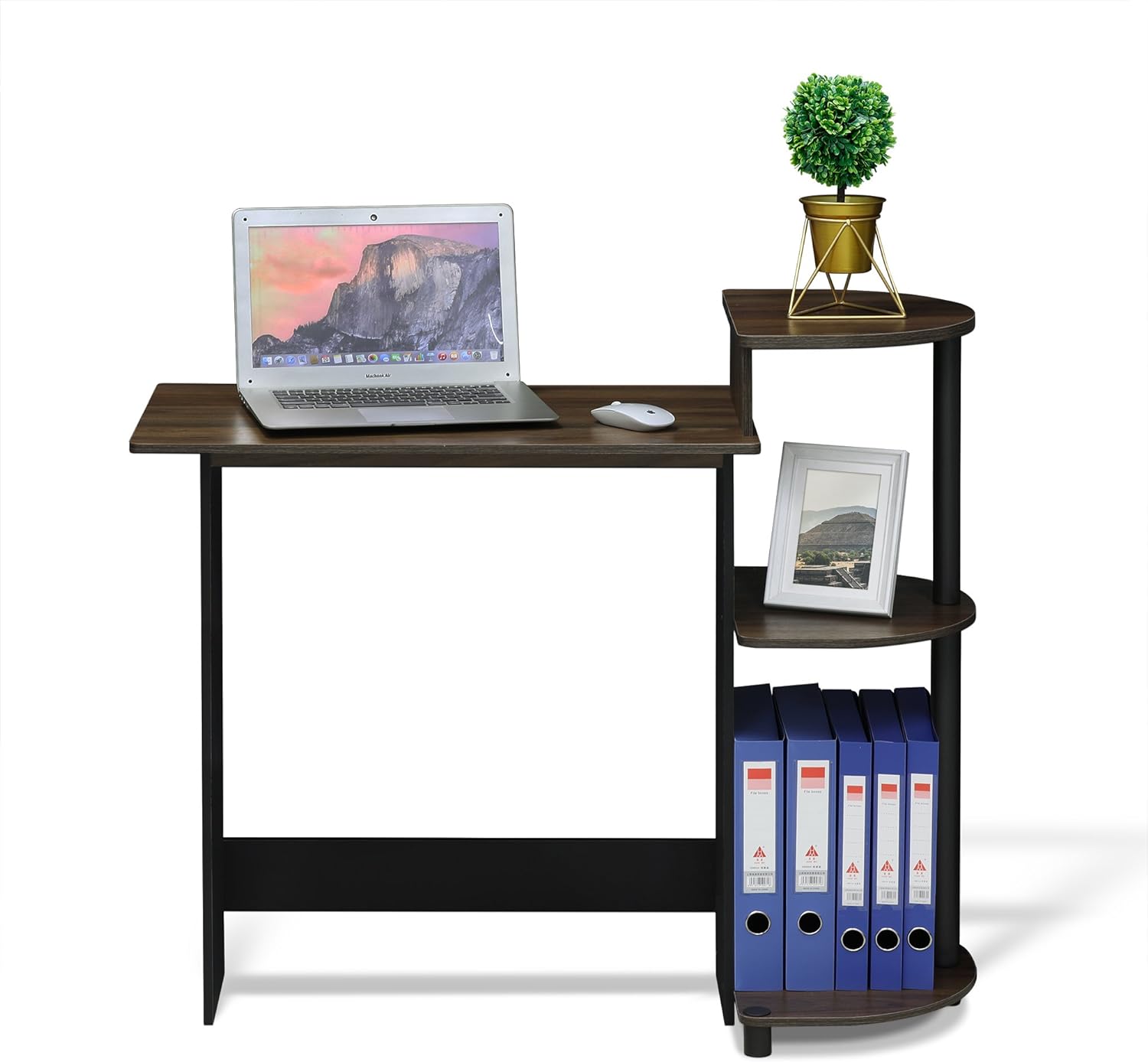 Furinno – Escritorio compacto para computadora con estantes, Tablero de partículas, Columbia NogalNegro