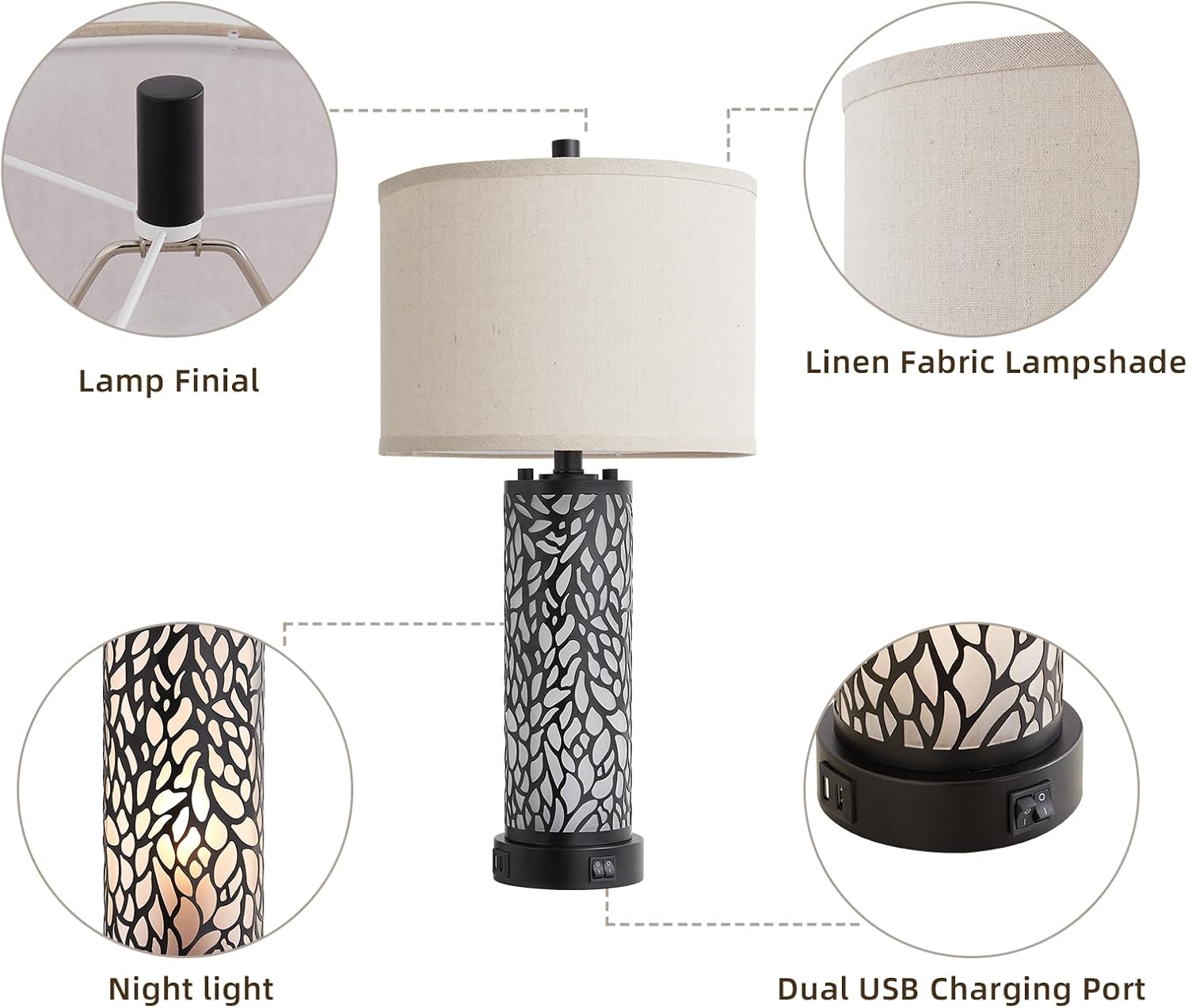 RORIANO Juego de 2 lámparas de mesa modernas para sala de estar con 2 puertos de carga USB, luz nocturna de vidrio esmerilado blanco para