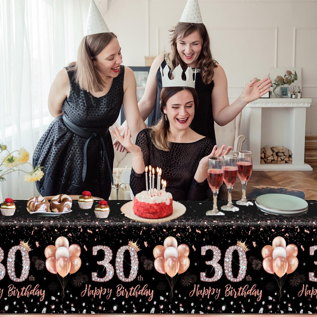 GREHUMOR 3 manteles de 30 cumpleaños de color oro rosa para mujer, suministros de fiesta de cumpleaños de 30 años, decoraciones de mesa