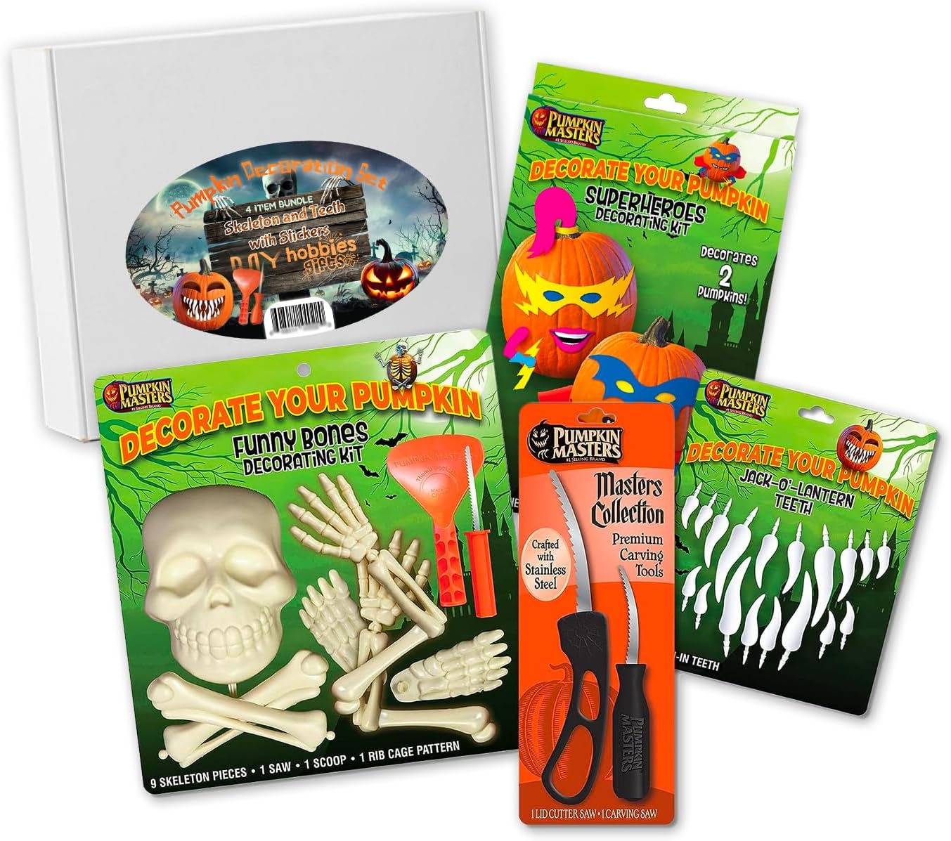 My Hobbies Gifts Paquete de Halloween 4 en 1 kit de tallado de calabaza de dientes Jack o’ Lantern, calcomanías de huesos, calcomanías de decoración
