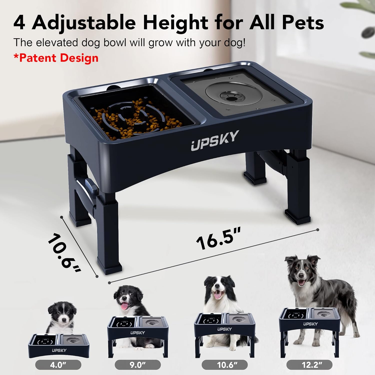 UPSKY Cuencos elevados 2 en 1 para perros, comedero lento, 4 alturas ajustables, soporte elevado para perros, dispensador de tazón de agua para