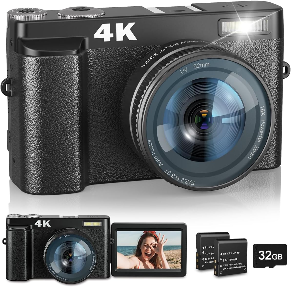 Cámara digital 4K con flash y selfie, cámara de 48 MP para fotografía con enfoque automático 16X Zoom, cámara de vlogging antivibración, cámaras