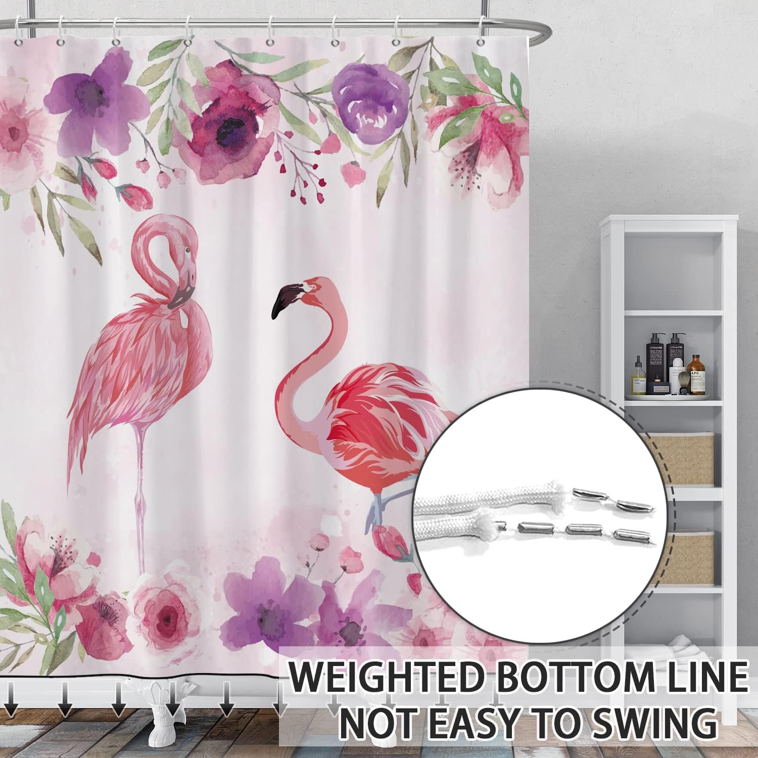 Cortinas de ducha de flamenco rosa para baño, cortina de ducha floral de 72 pulgadas de ancho x 72 pulgadas de largo, hoja de palma verde, planta