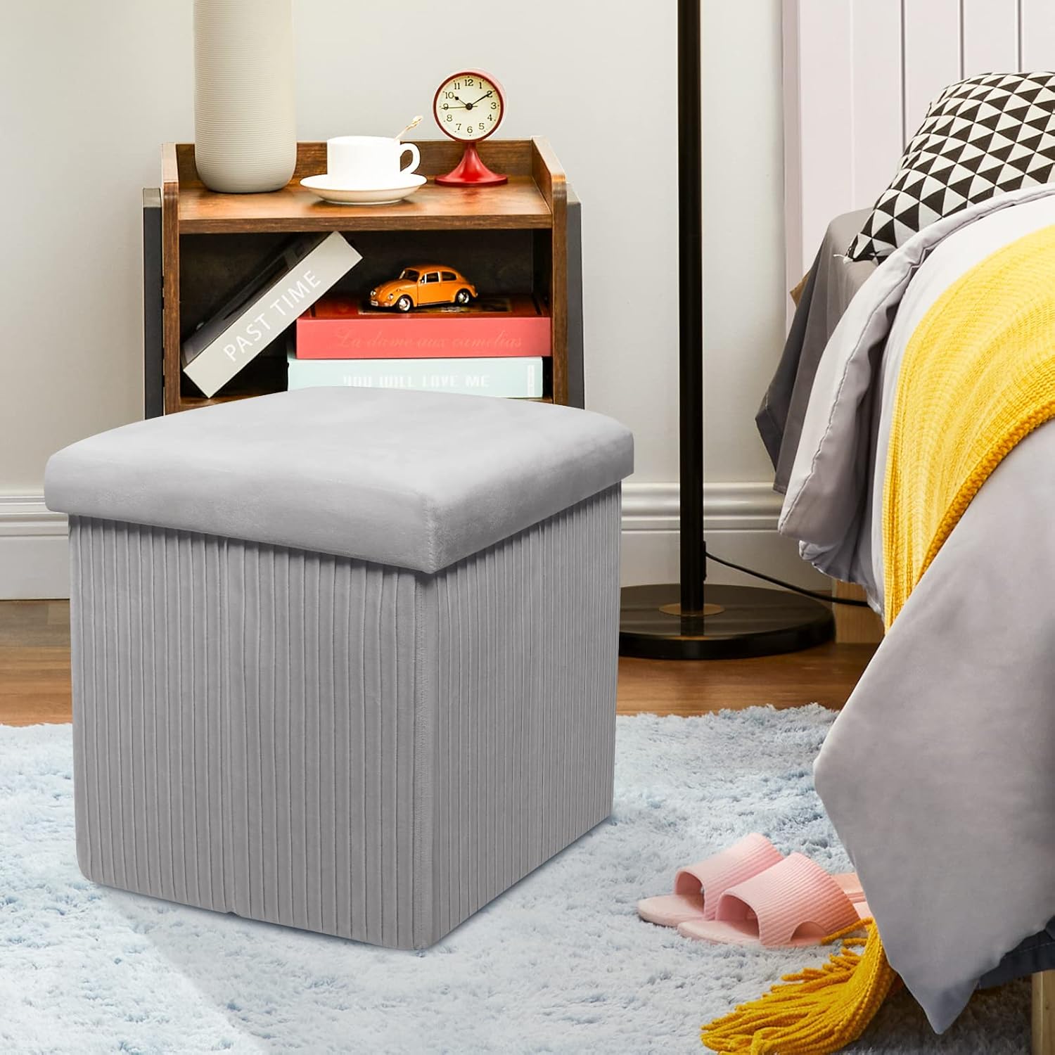 Cubo otomano de almacenamiento, otomana pequeña con almacenamiento, otomana cuadrada plegable de terciopelo de 12 pulgadas, reposapiés pequeño,