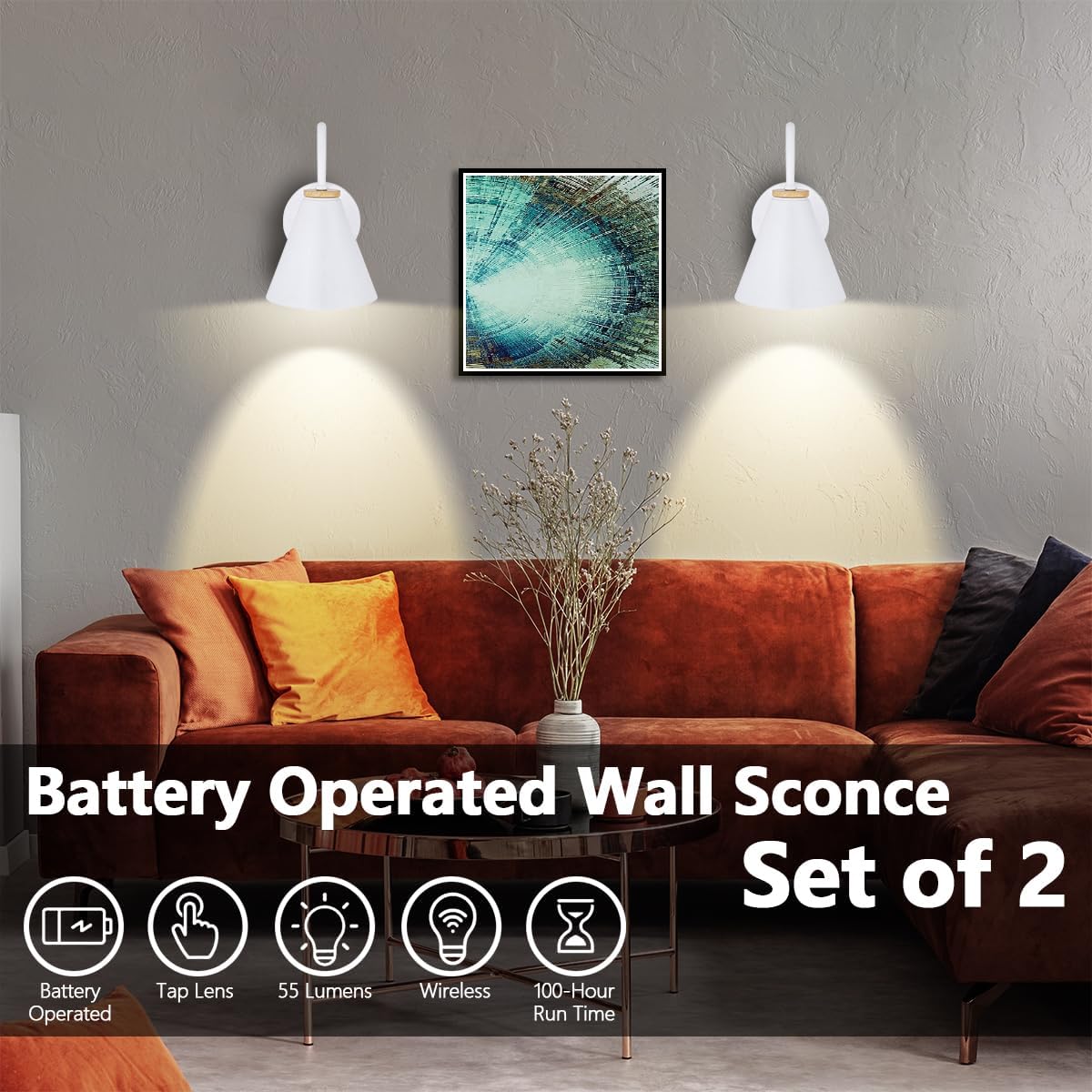 Juego de dos apliques de pared de madera sintética blanca a pilas, fácil de instalar, sin cables, control remoto, temporizador automático, bombilla