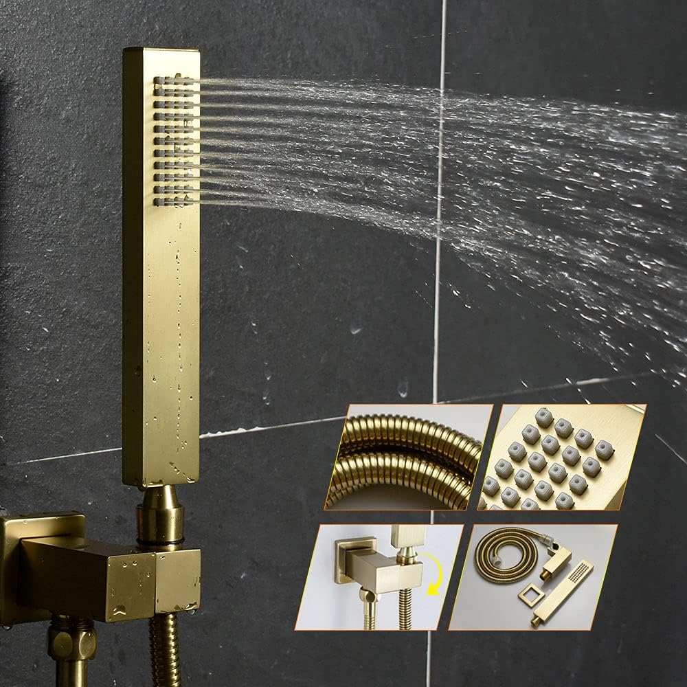 AYIVG Sistema de ducha de lluvia de oro cepillado de 12 pulgadas, sistema de cabezal de ducha de lluvia LED con 4 chorros de cuerpo termostático,