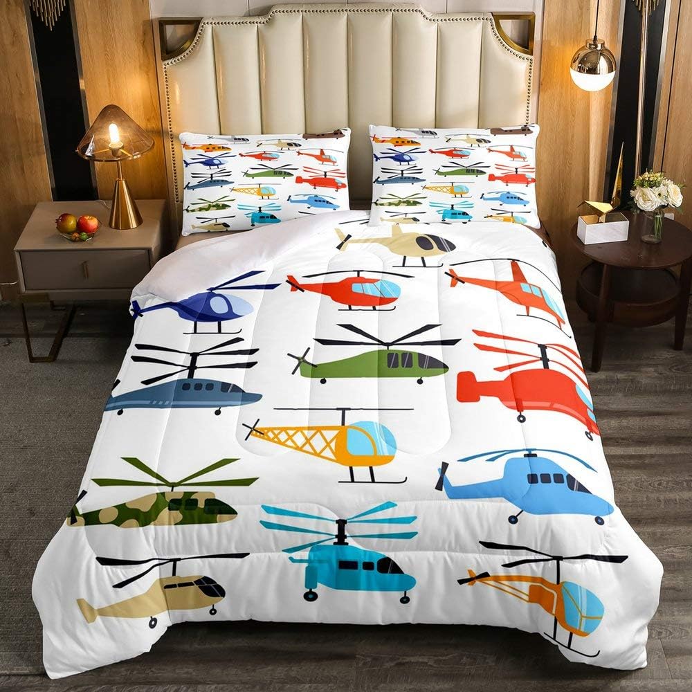 Juego de ropa de cama de avión, tamaño Queen, juego de edredón de helicóptero de avión para niños, edredón de dibujos animados con aviones de