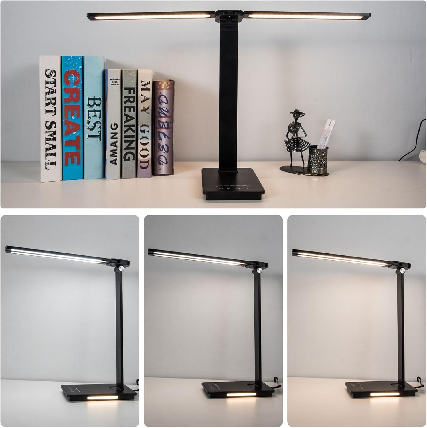 Lámpara de escritorio LED de doble brazo oscilante, regulable, lámpara de mesa plegable ajustable con puerto de carga USB, lámpara de tareas de