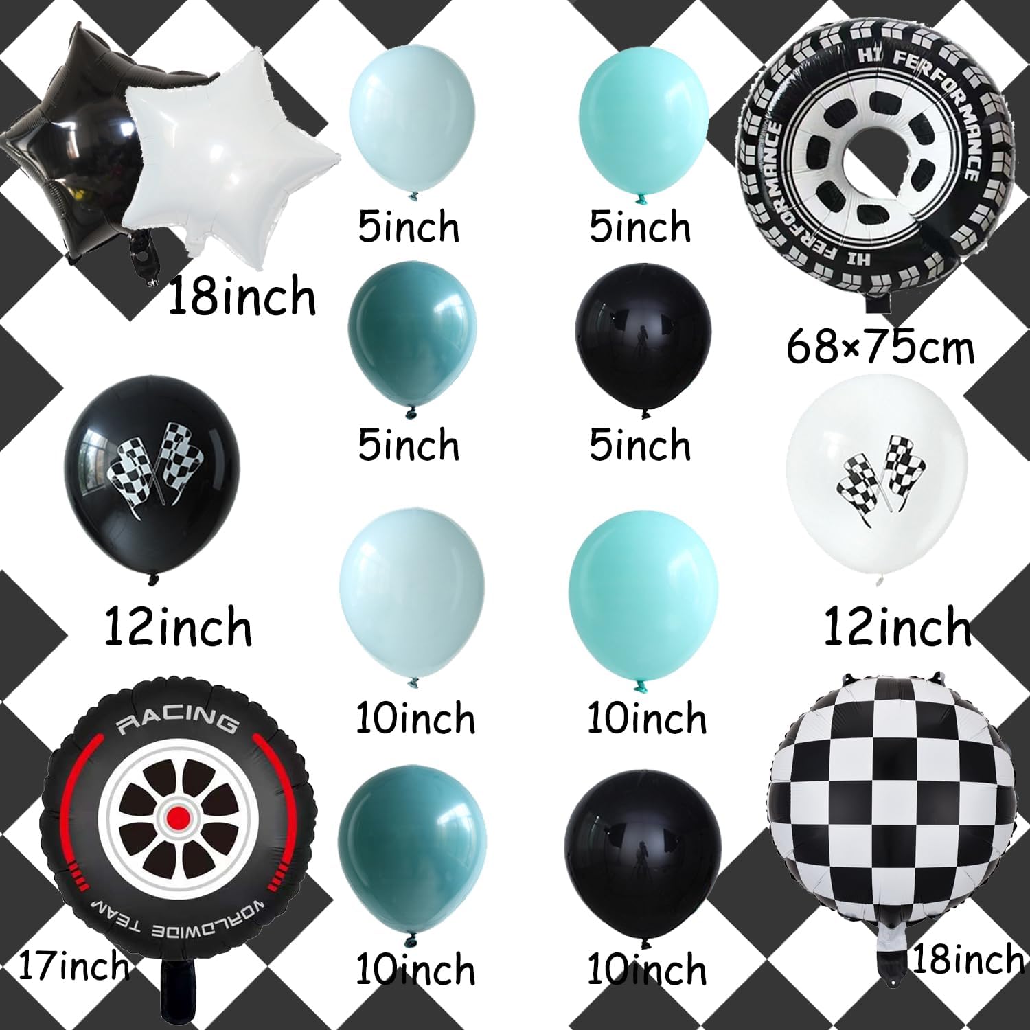 Kit de guirnalda de arco de globos de coche de carreras, globos de látex azul polvoriento y negro, globos de aluminio a cuadros, suministros de
