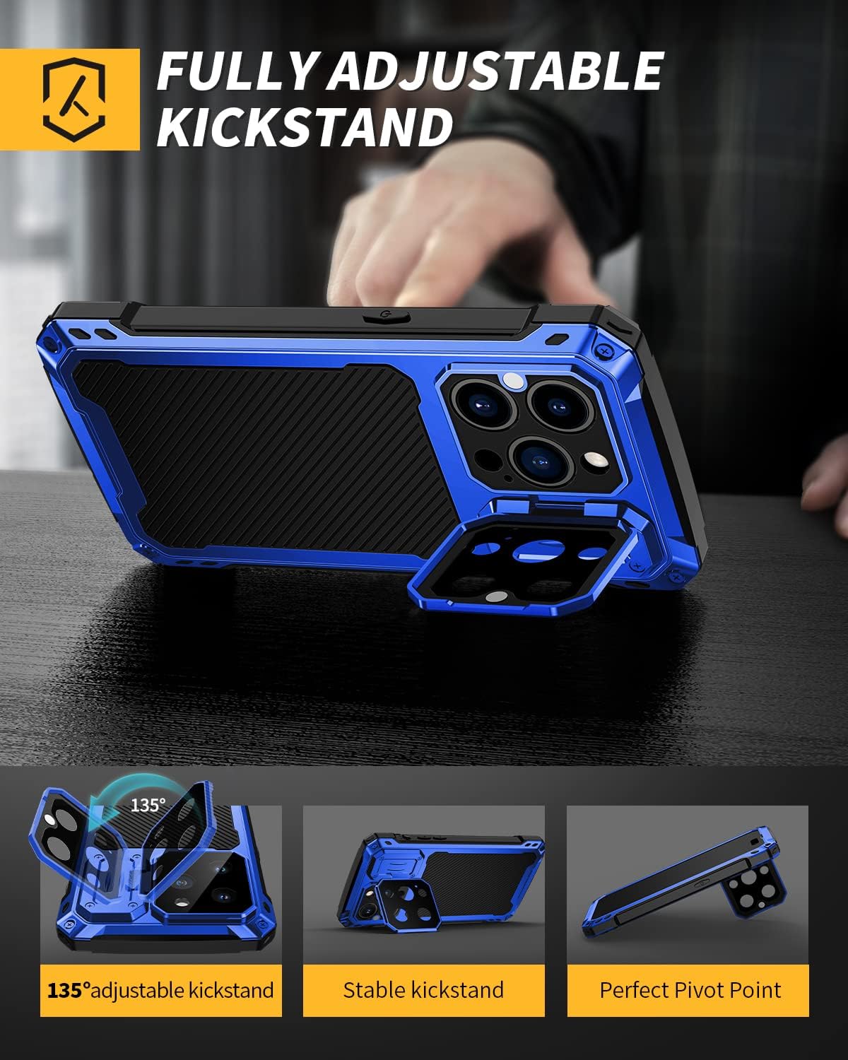 Lanhiem Funda de metal para iPhone 14 Pro Max, soporte de cámara integrado y protector de pantalla de vidrio templado protectora resistente de