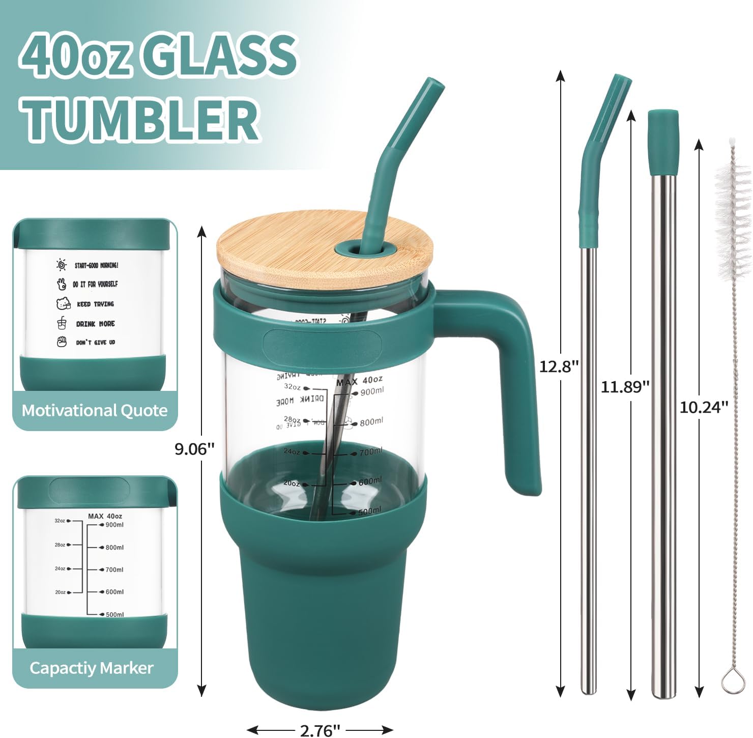 chunmo Vaso de vidrio con tapa de bambú y pajita, taza de café helado de 40 onzas con asa, botellas de agua de vidrio con funda de silicona, taza de