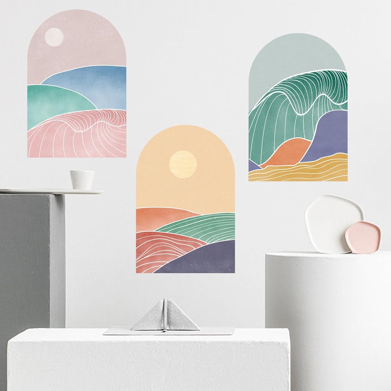 Calcomanía de pared bohemia, calcomanías de pared de arco, mural de montaña, papel tapiz para despegar y pegar, decoración de pared para sala de