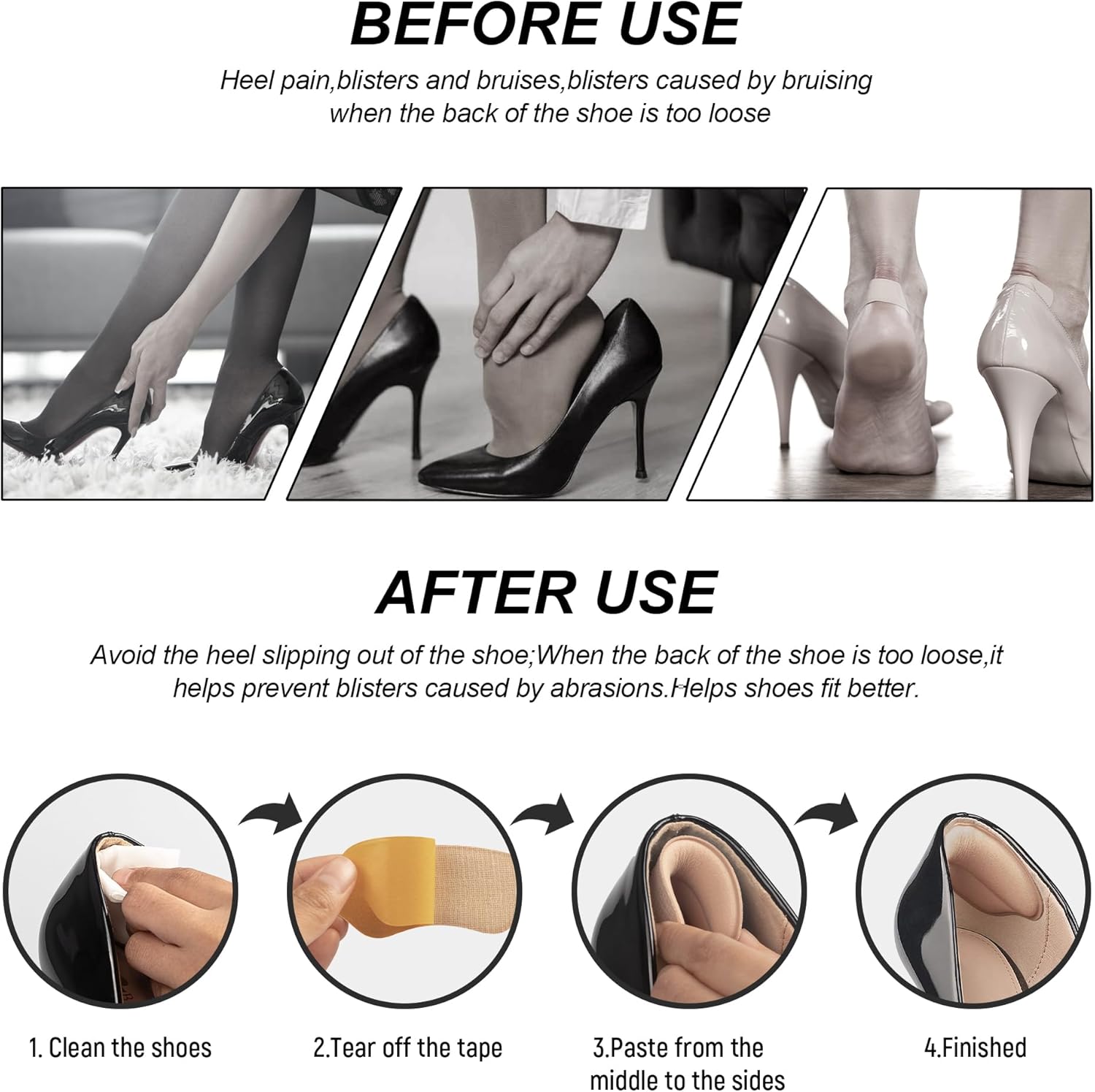Makryn Almohadillas de talón de espuma prémium para zapatos que son demasiado grandes, almohadillas para la parte trasera del talón, protectores de